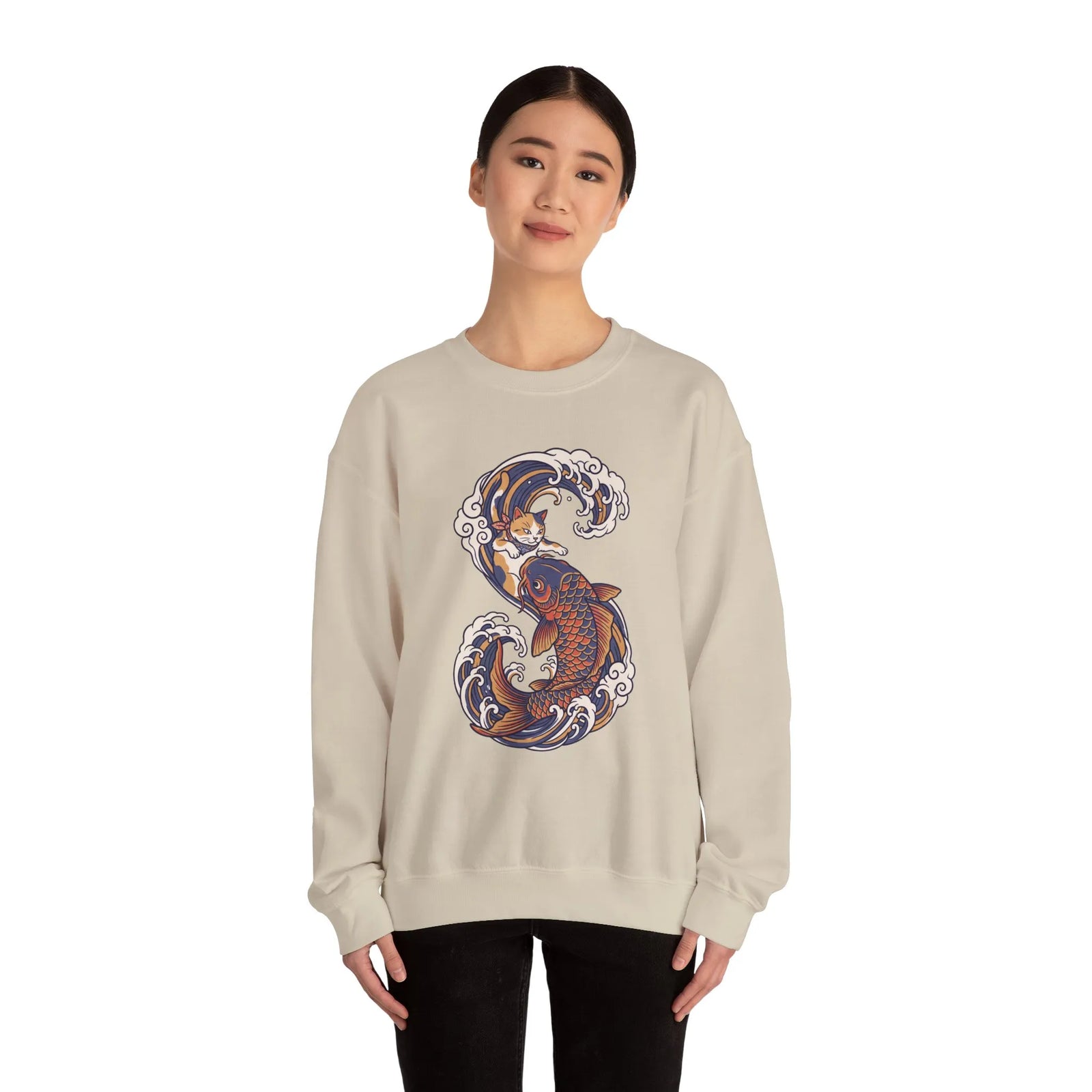 Koi Rider Ukiyo-e Samurai Cats Sweatshirt - Heavy Blend Fleece Crewneck - Unisex Ash