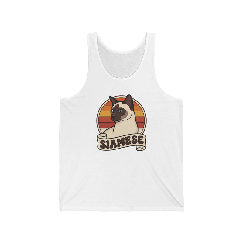 Retro 70s Sunset Siamese Cat Tank Top - Soft Lightweight Combed Cotton Tank - Unisex White