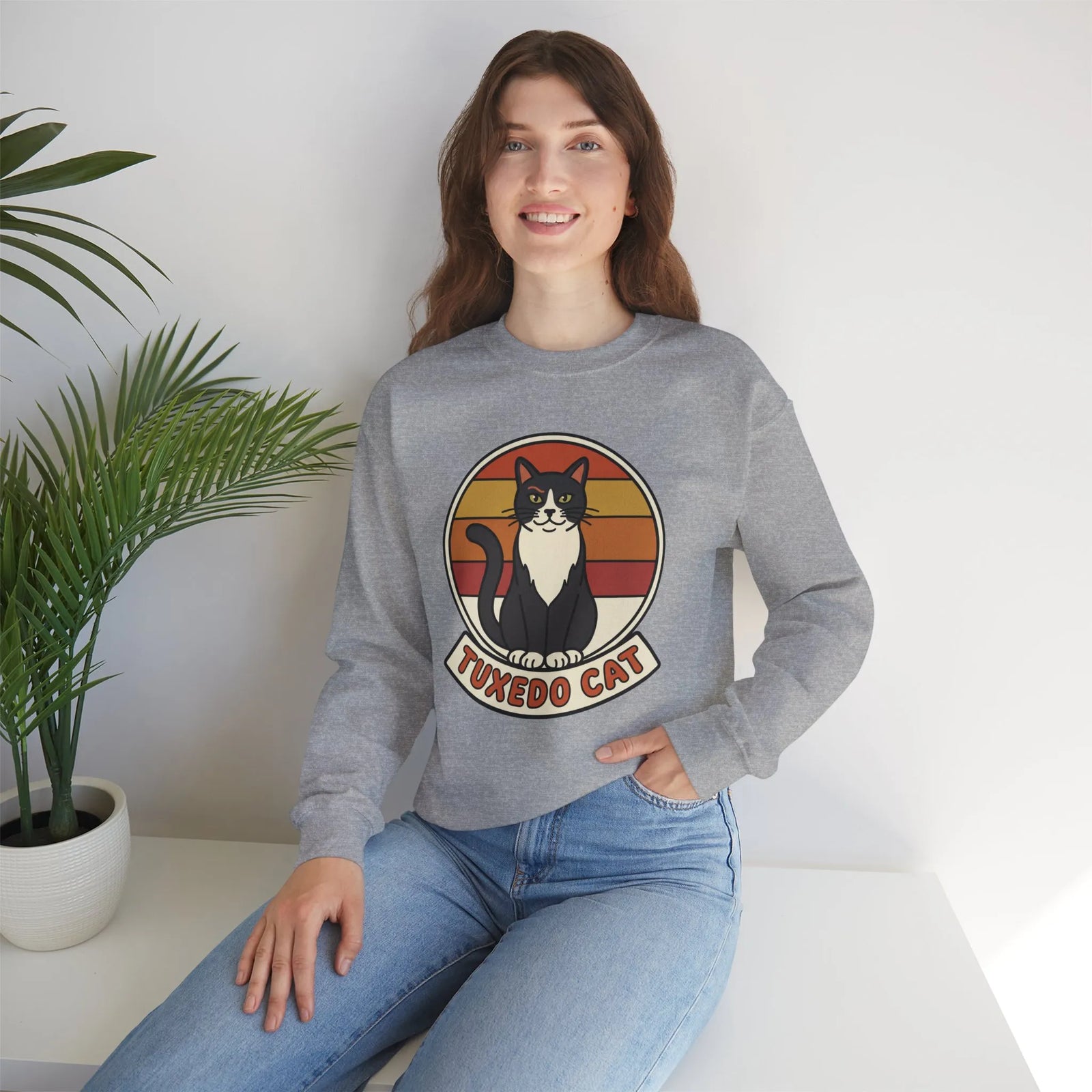 Tuxedo Cat Retro Sunset Sweatshirt - Heavy Blend Fleece Crewneck - Unisex Ash