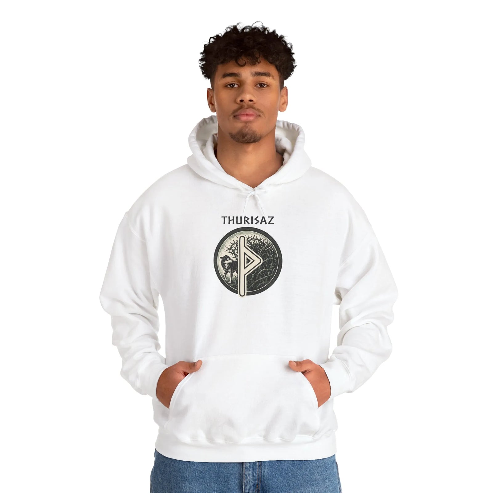 Thurisaz Rune Wolf Graphic Hoodie - Heavy Blend Fleece Pullover - Unisex White