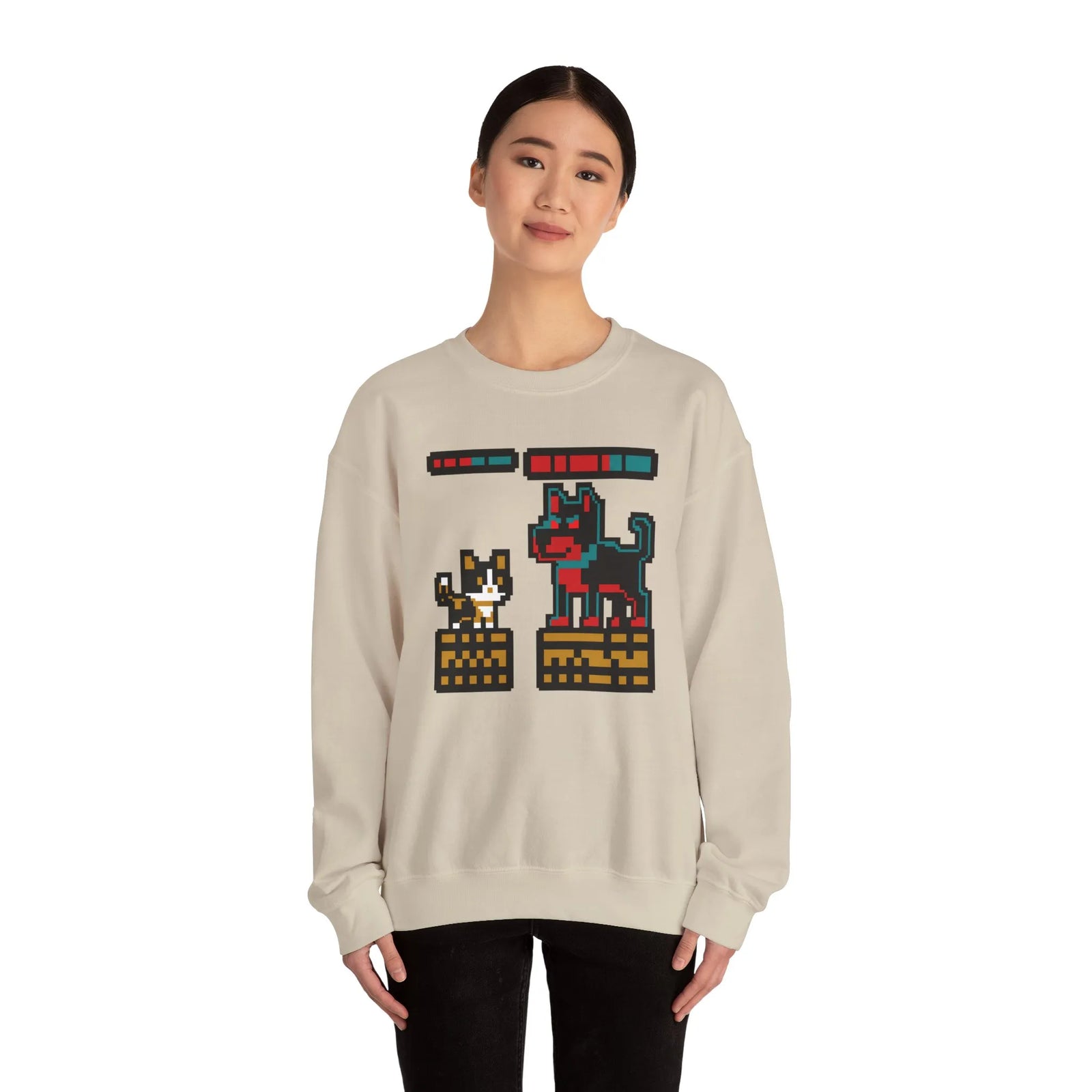 8-Bit Pixel Gaming Cats Boss Fight Sweatshirt - Heavyweight Cotton Blend Crewneck - Unisex Ash