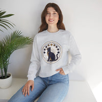 Moon Phases Sacred Geometry Cat Sweatshirt - Heavy Blend Cotton Polyester Crewneck - Unisex White