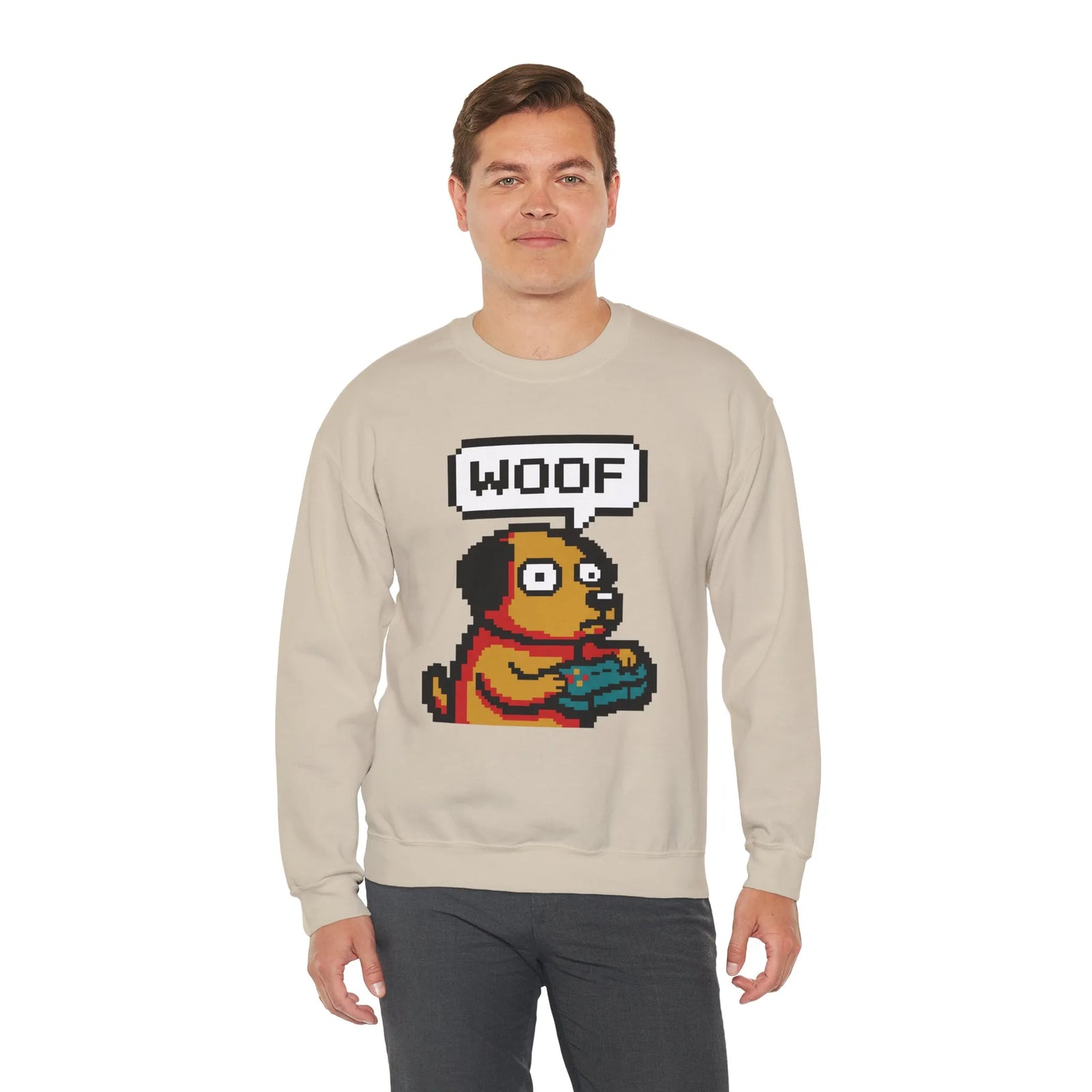 8-Bit Pixel Gaming Dogs Sweatshirt - Heavy Blend Cotton-Poly Crewneck - Unisex White