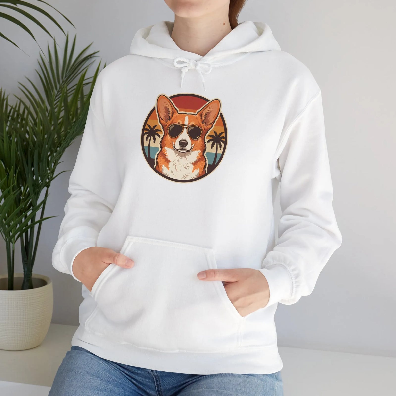 Corgi Aviator Retro Sunset Hoodie - Heavyweight Fleece Pullover - Unisex White