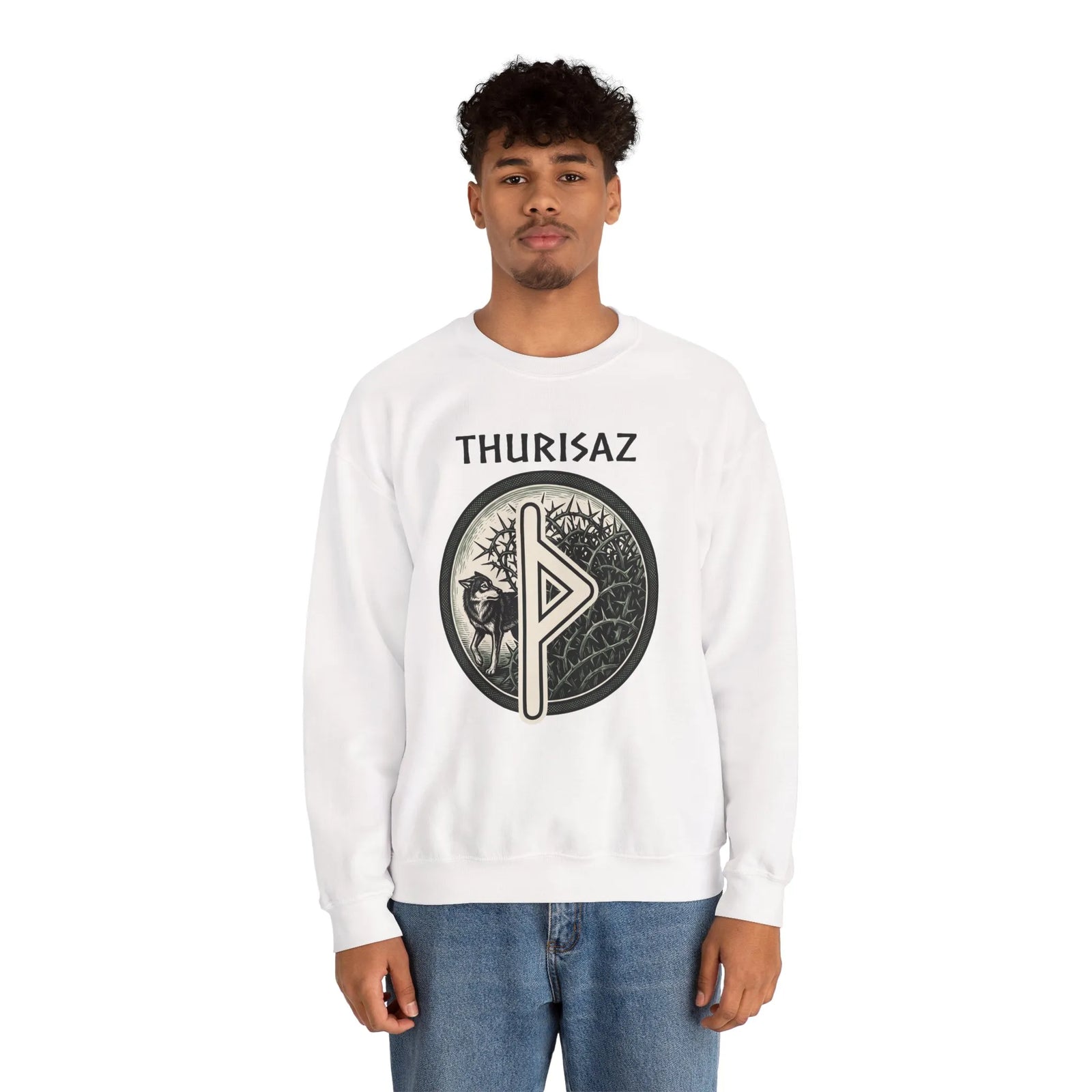 Norse Thurisaz Rune Wolf Sweatshirt - Heavy Blend Fleece Crewneck - Unisex Off White