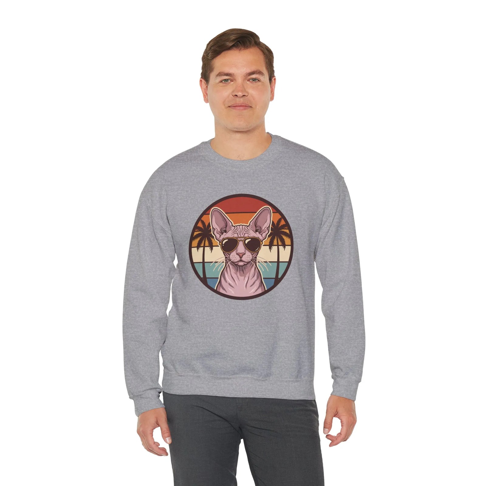 Sphynx Cat 70s Sunset Aviator Sweatshirt - Heavyweight Cotton Blend Crewneck - Unisex White