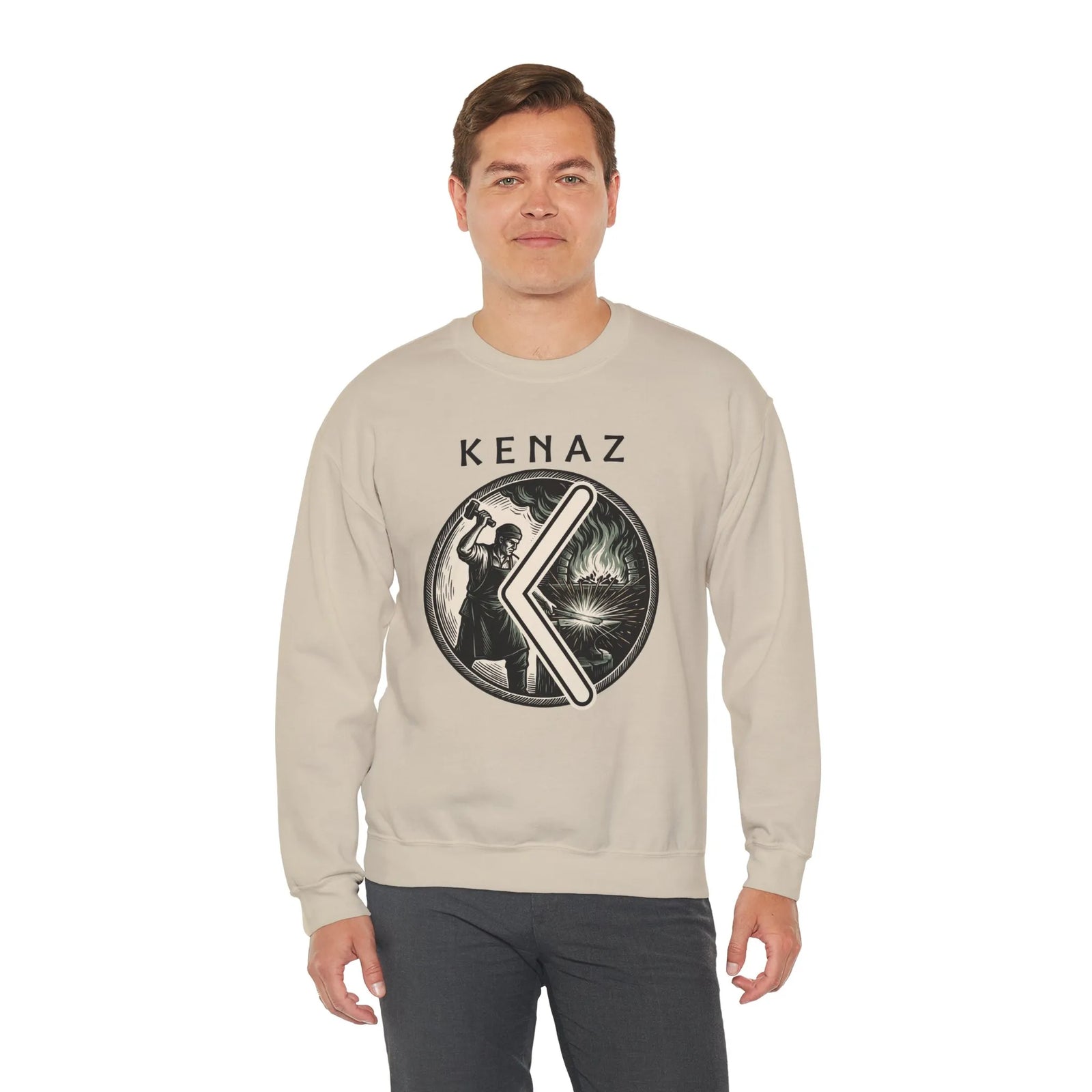 Kenaz Rune Blacksmith Forge Sweatshirt - Soft Cotton Blend Crewneck Fleece - Unisex White