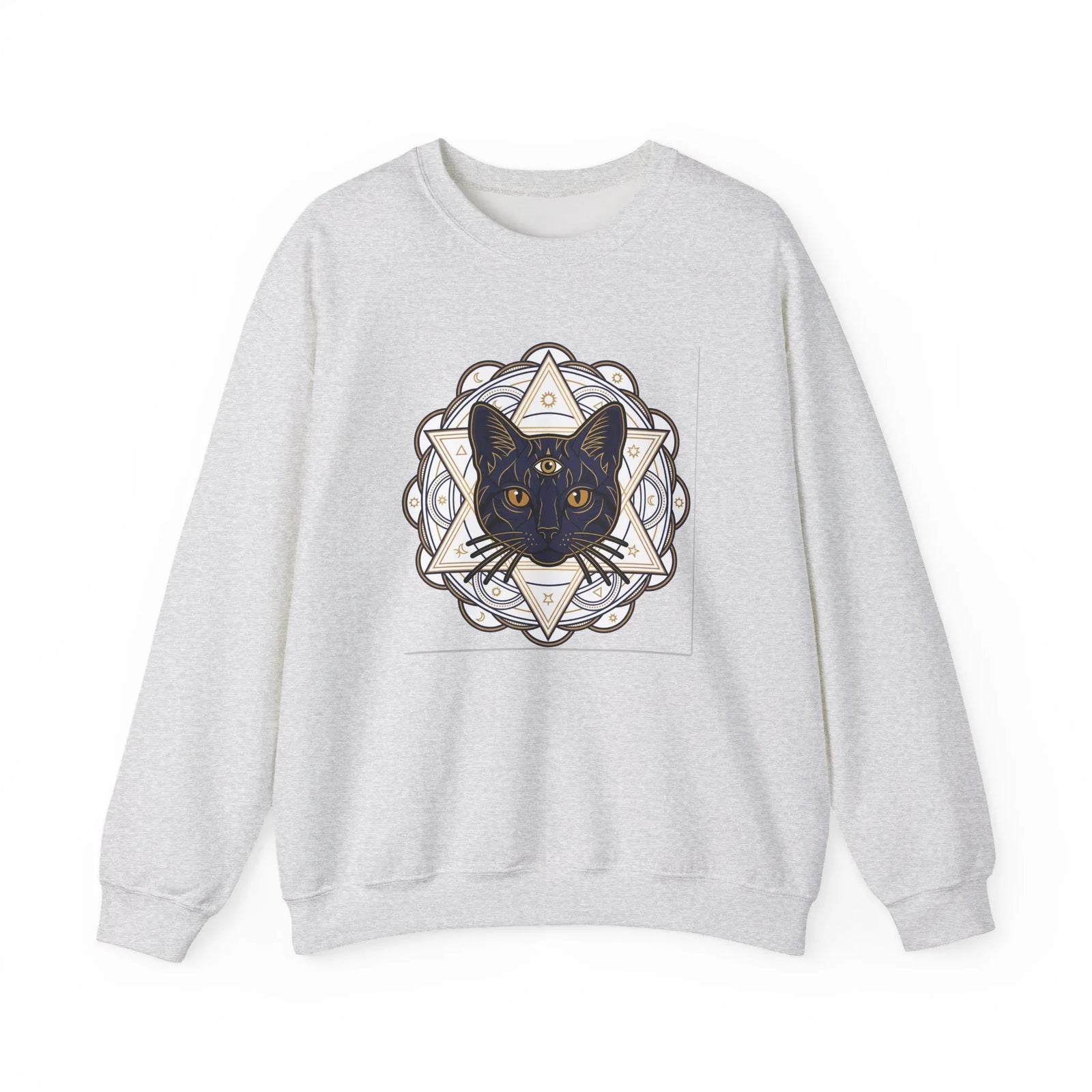 Third Eye Sacred Geometry Cat Sweatshirt - Heavy Blend Fleece Crewneck - Unisex White
