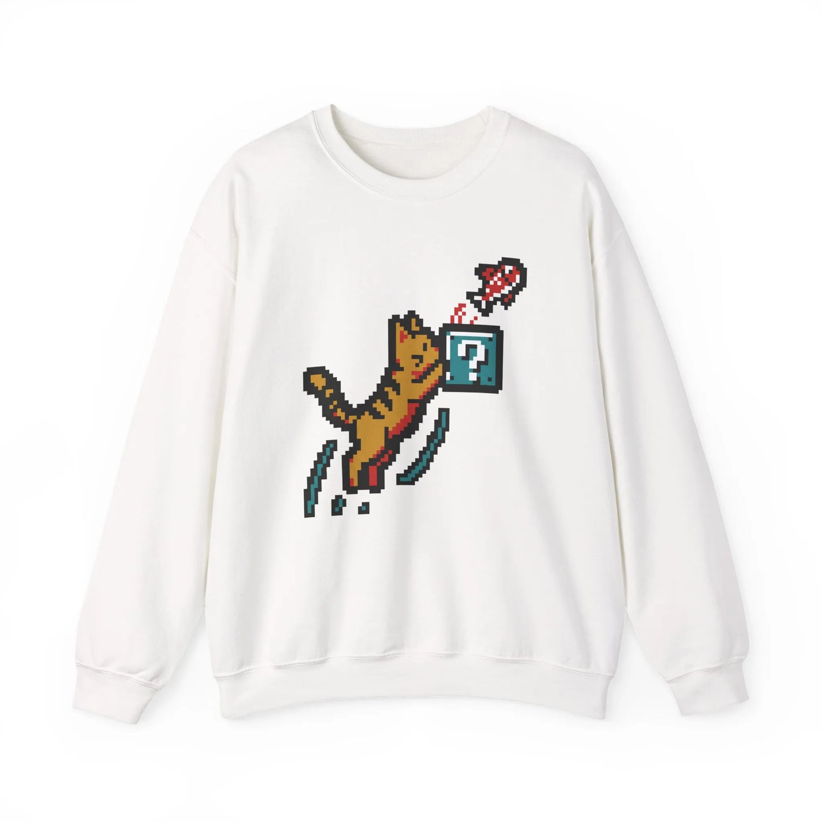 8-Bit Pixel Gaming Cats Sweatshirt - Heavy Blend Fleece Crewneck - Unisex White