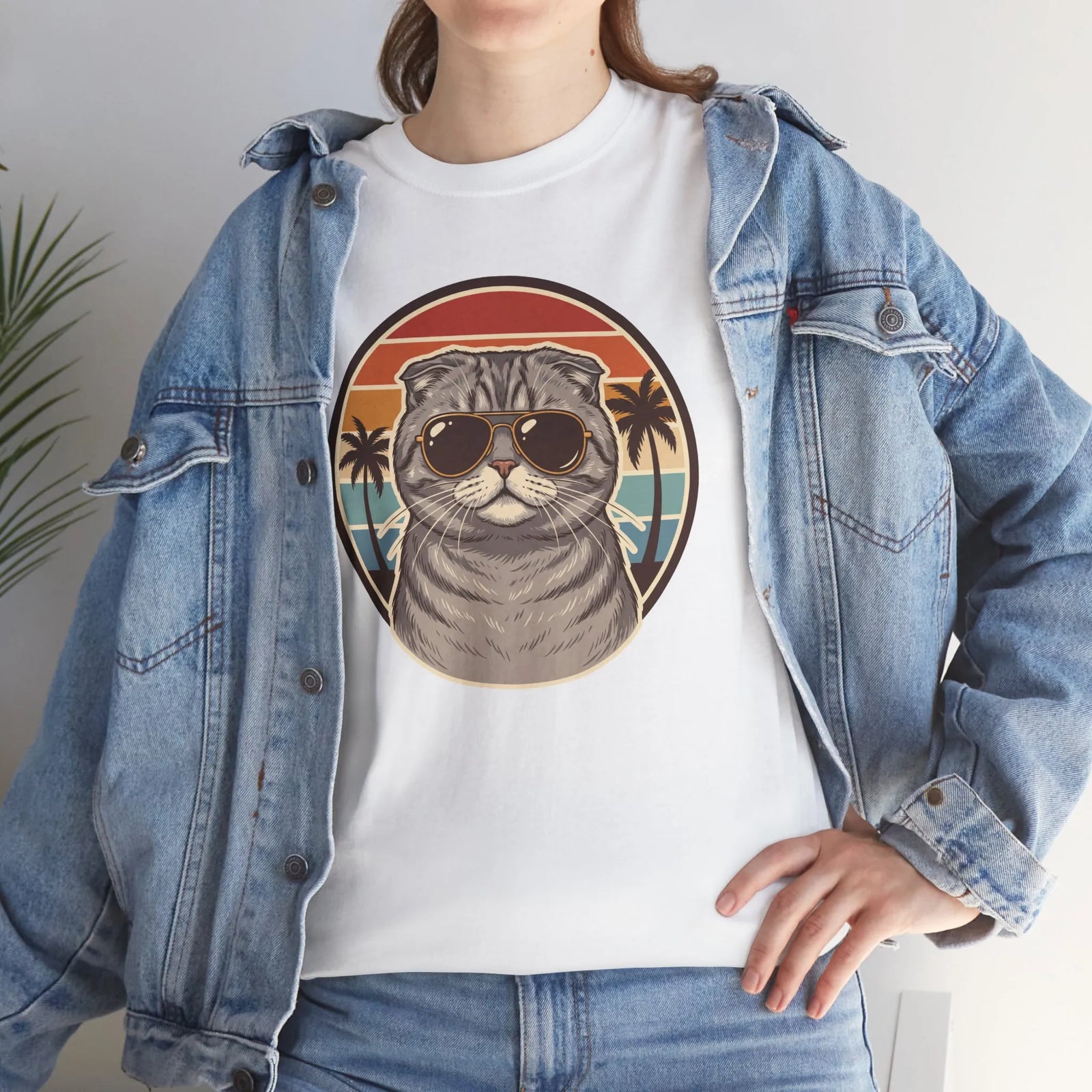 Scottish Fold Cat 70s Aviator T-Shirt - Heavy Cotton Classic Fit Crewneck - Unisex White