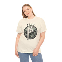 Fehu Rune Wealth Symbol T-Shirt - Heavy Cotton Classic Fit Tee - Unisex White