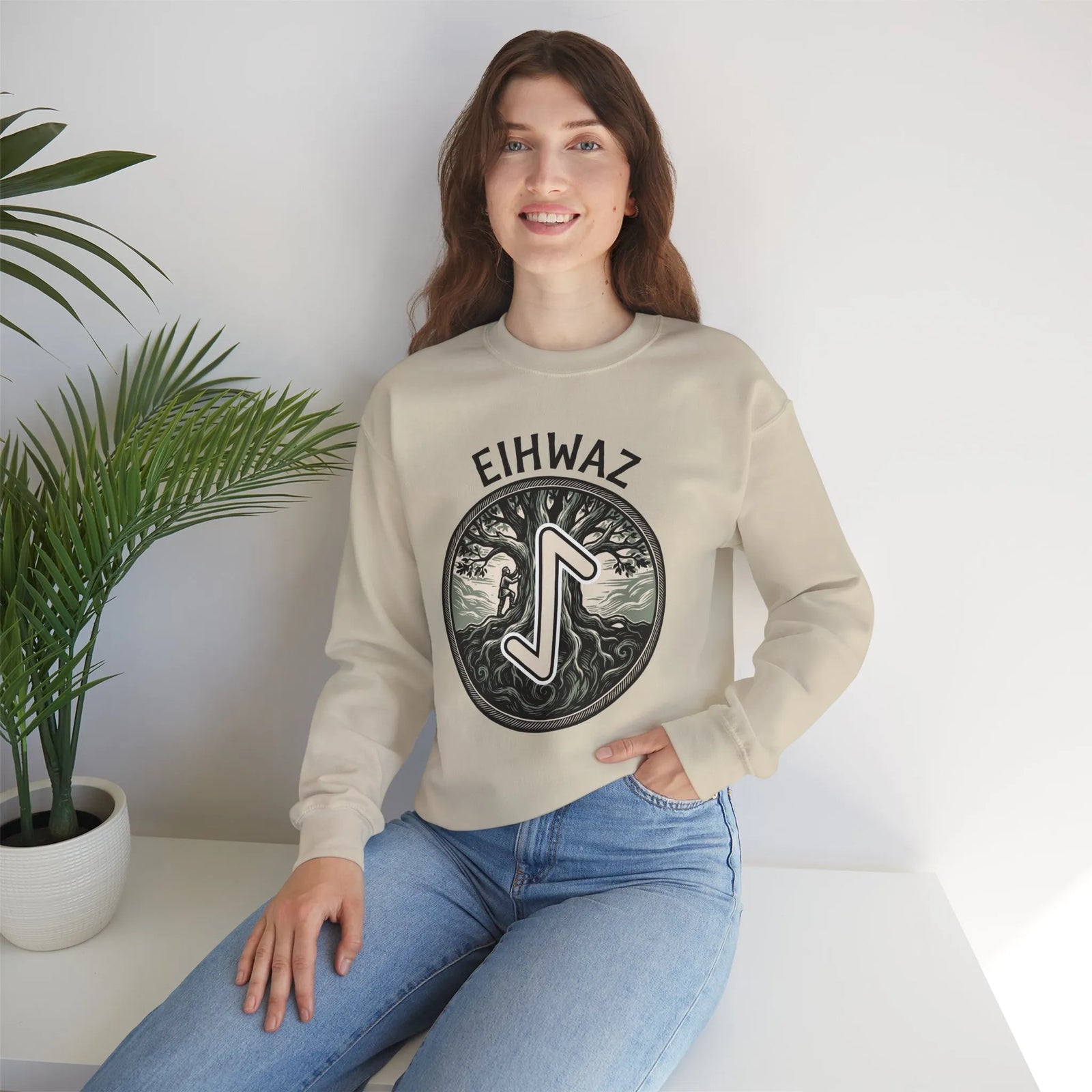 Eihwaz Yew Tree Rune Sweatshirt - Medium-Heavy Fleece Crewneck - Unisex White