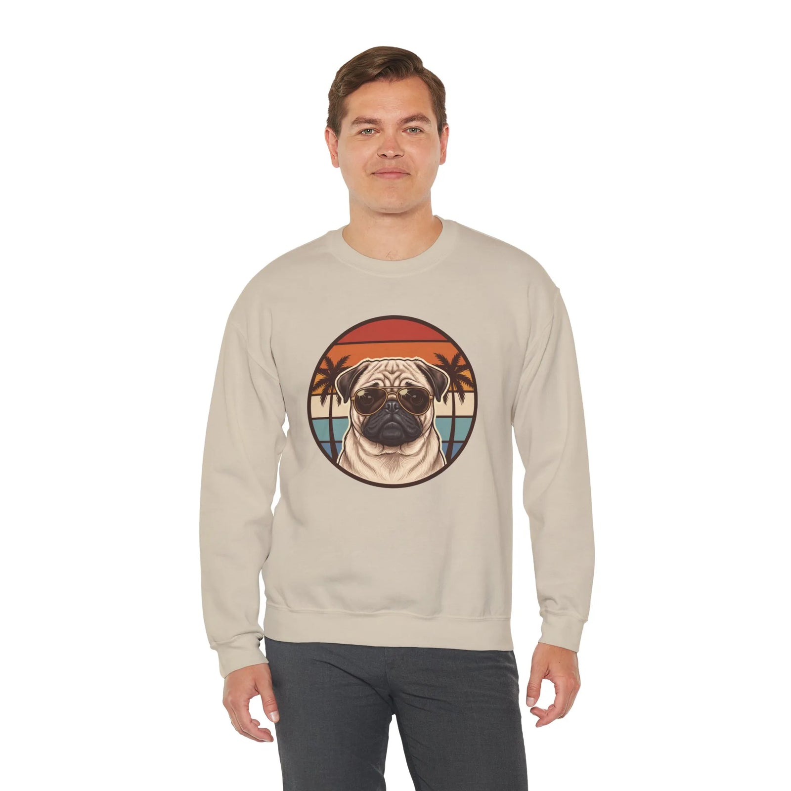 Pug Aviator Dog 70s Sunset Sweatshirt - Heavy Blend Fleece Crewneck - Unisex White