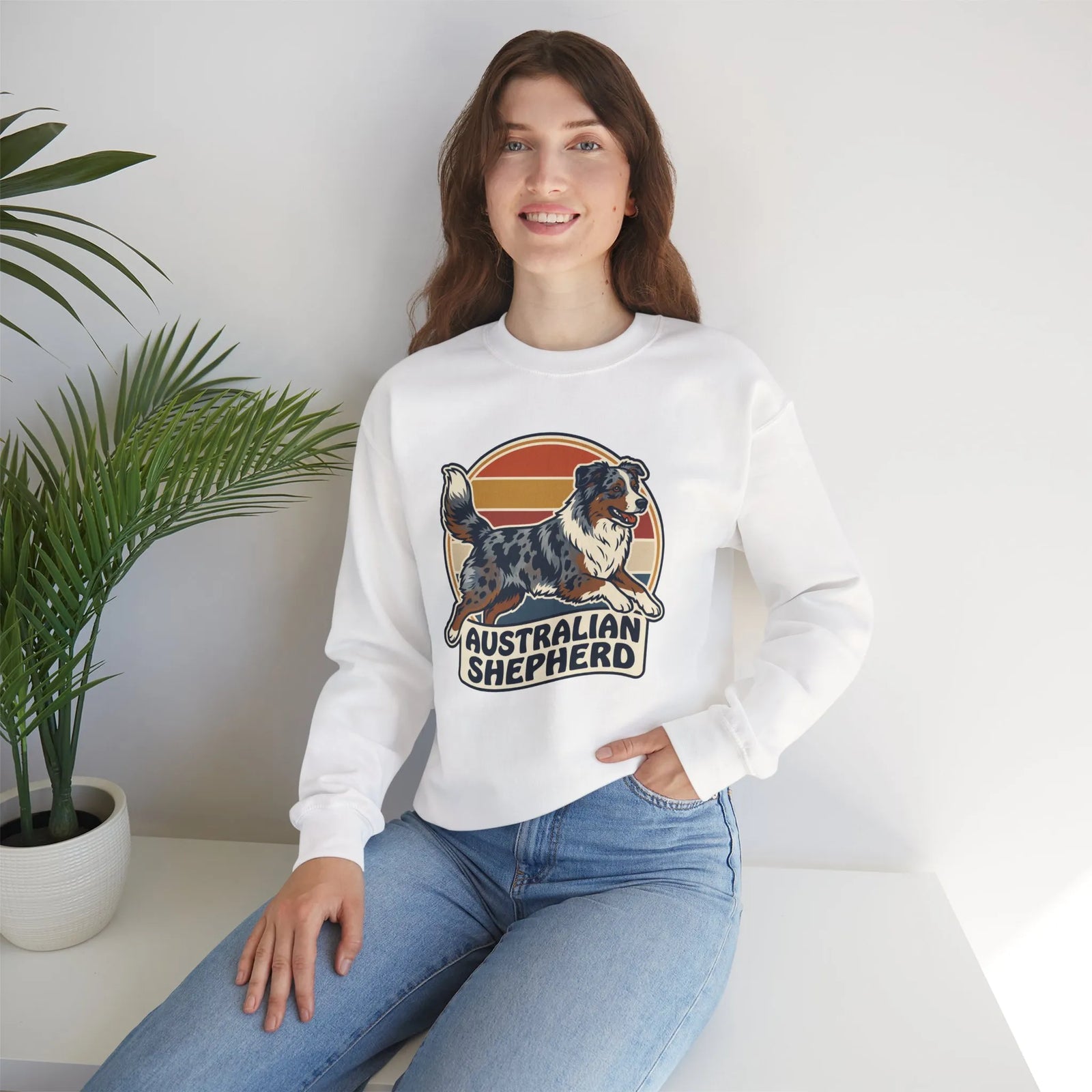 Australian Shepherd Retro 70s Sunset Sweatshirt - Heavy Blend Cotton Poly Crewneck - Unisex White