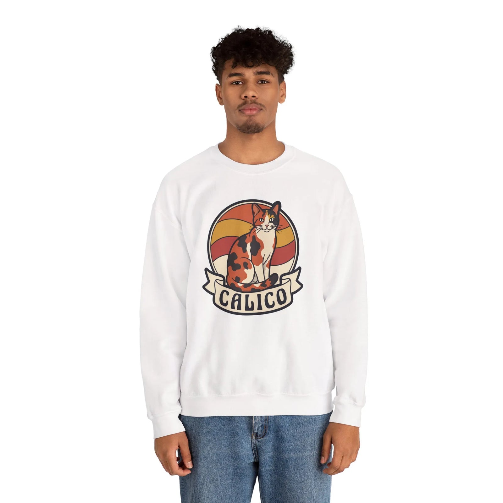 Calico Cat Retro 70s Sunset Sweatshirt - Heavy Blend Classic Fit Fleece - Unisex White