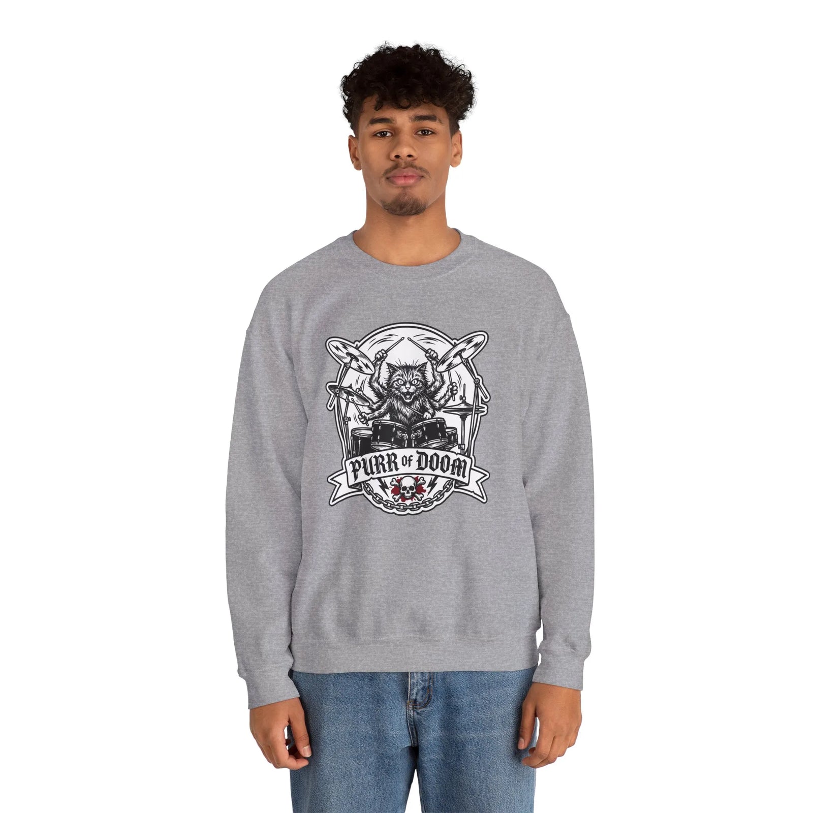 Heavy Metal Rocker Cats Drummer Sweatshirt - Heavy Blend Cotton Blend Crewneck - Unisex White