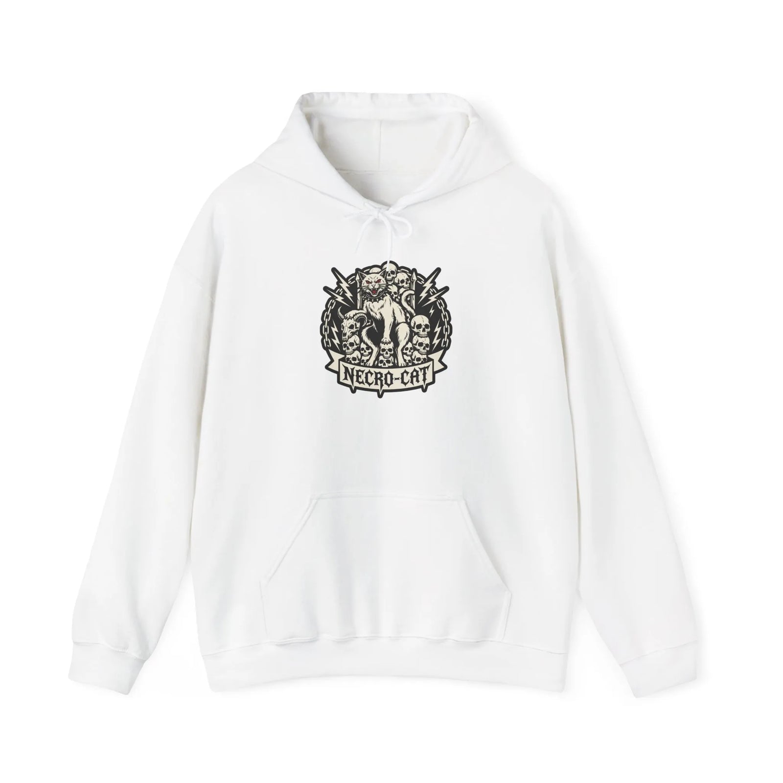 Necro-Cat Skull Throne Graphic Hoodie - Heavyweight Cotton Blend Pullover - Unisex White
