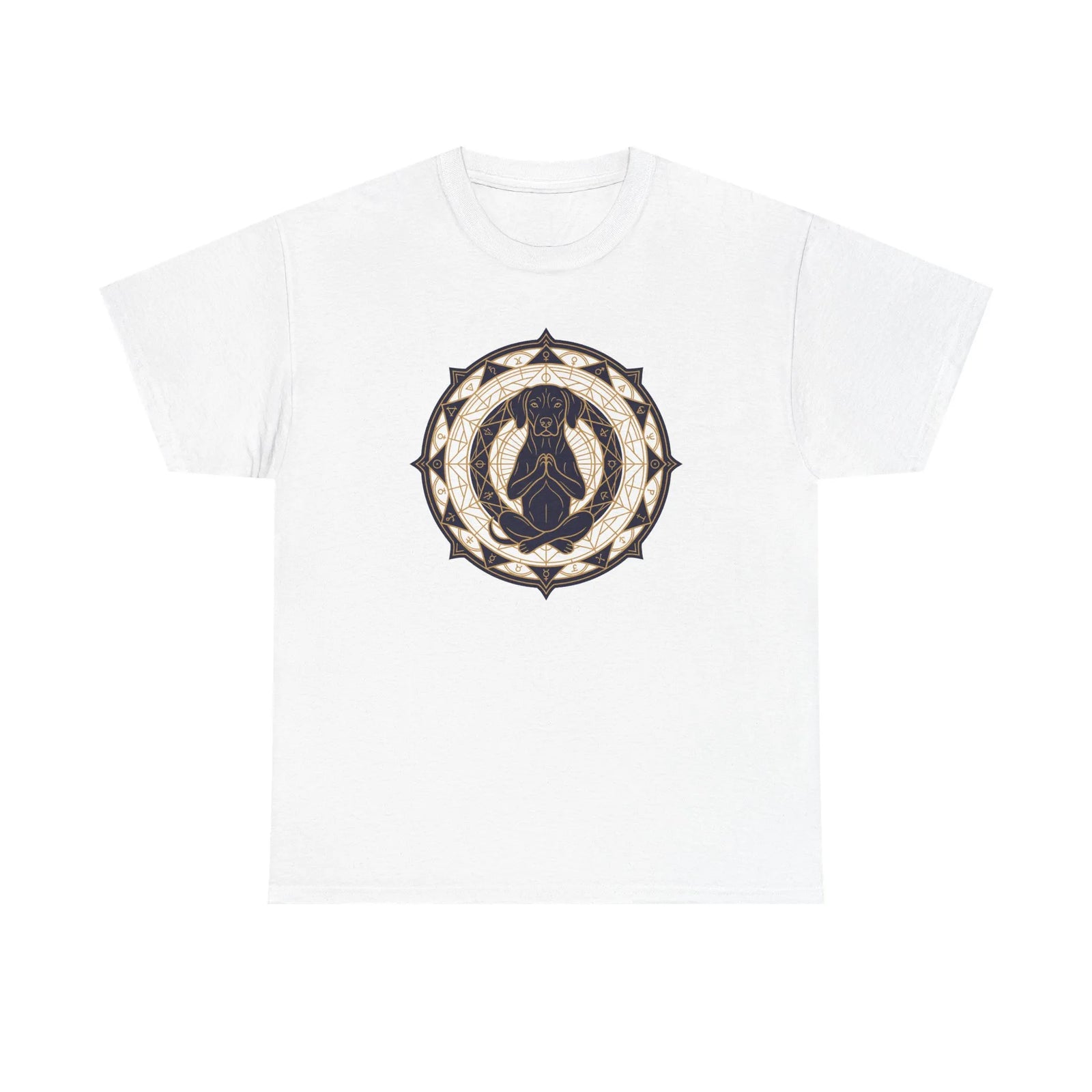 Meditating Dog Sacred Geometry T-Shirt - Heavy Cotton Classic Fit Tee - Unisex White