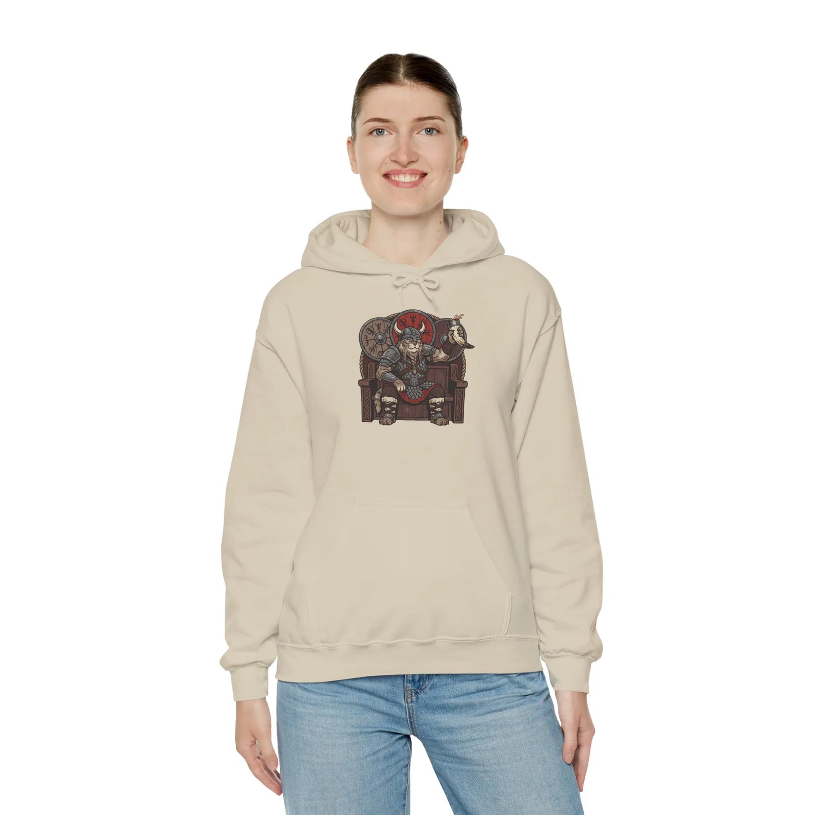 Viking Berserker Cat Graphic Hoodie - Cozy Heavy Blend Fleece Pullover - Unisex Sport Grey