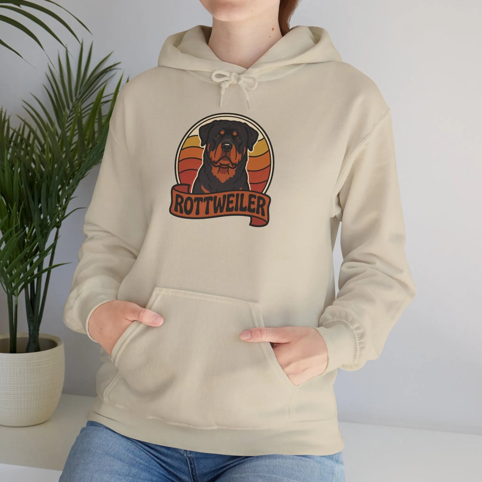 Rottweiler Retro 70s Sunset Hoodie - Soft Blend Classic Fit Pullover - Unisex White