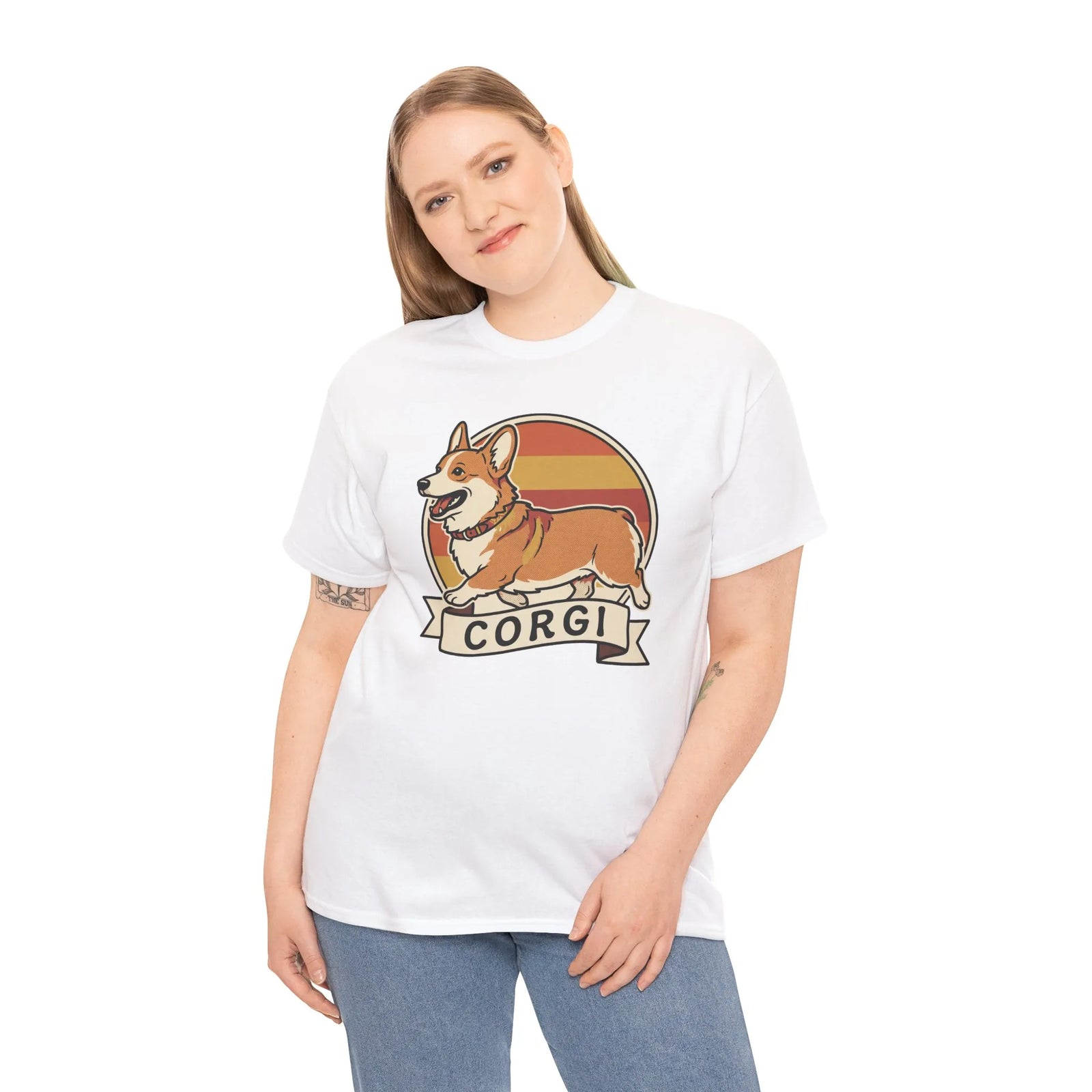 Corgi Retro 70s Sunset T-Shirt - Heavyweight Cotton Classic Fit Tee - Unisex White