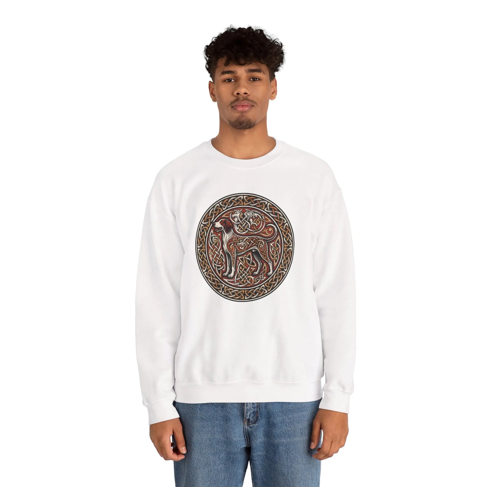 Norse Knotwork Hound Odin's Wolves Sweatshirt - Soft Durable Cotton Blend Crewneck - Unisex White