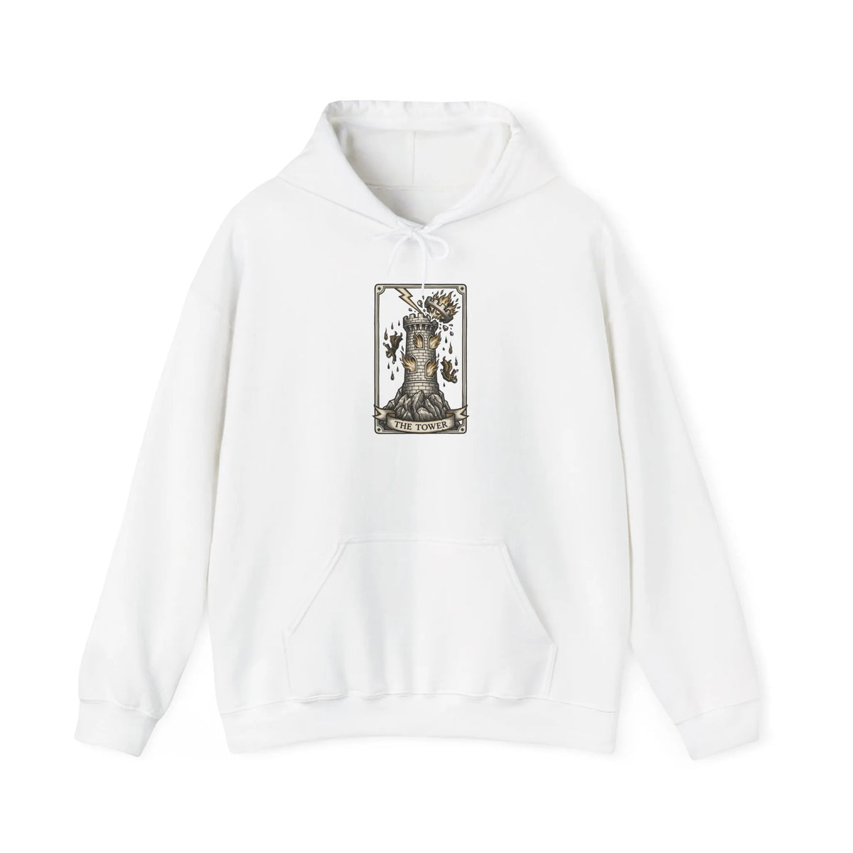 The Tower Tarot Card Hoodie - Heavy Blend Fleece Pullover - Unisex White