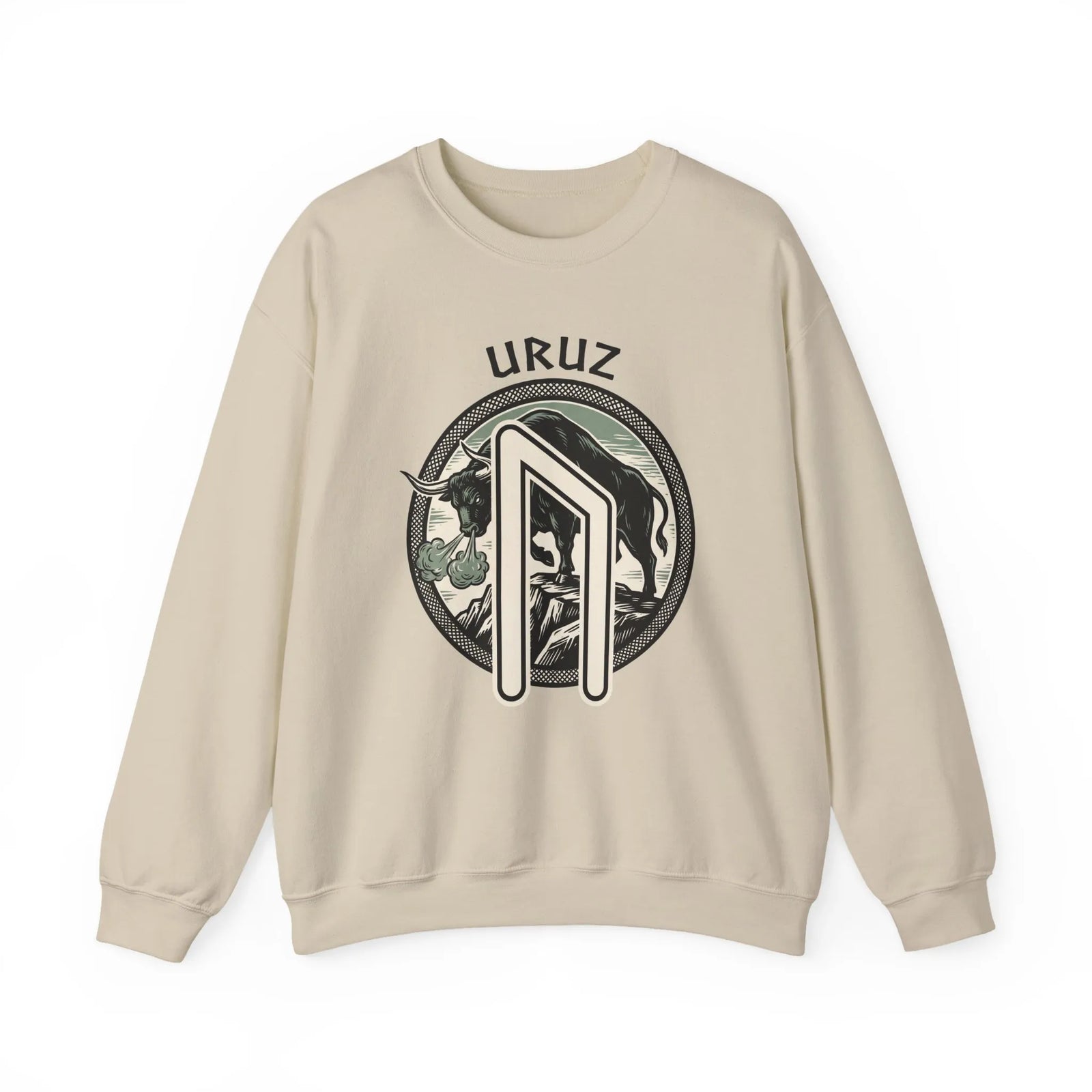 Uruz Rune Bull Norse Mythology Sweatshirt - Heavy Blend Cotton Poly Crewneck - Unisex White