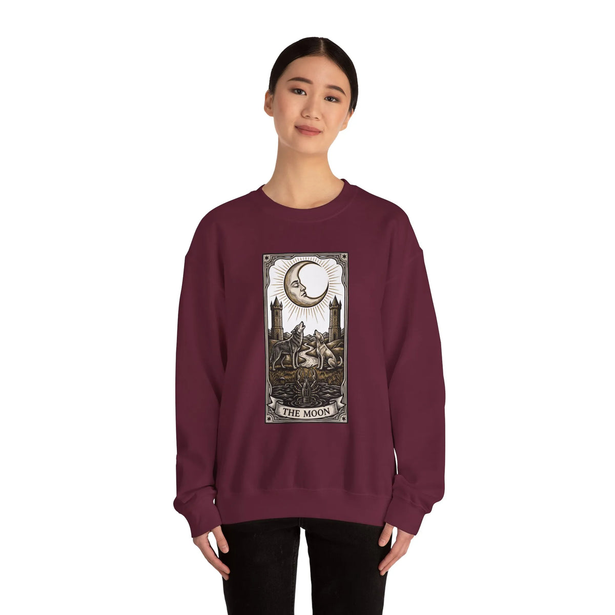 Moon Tarot Card Wolves Graphic Sweatshirt - Heavy Blend Fleece Crewneck - Unisex White