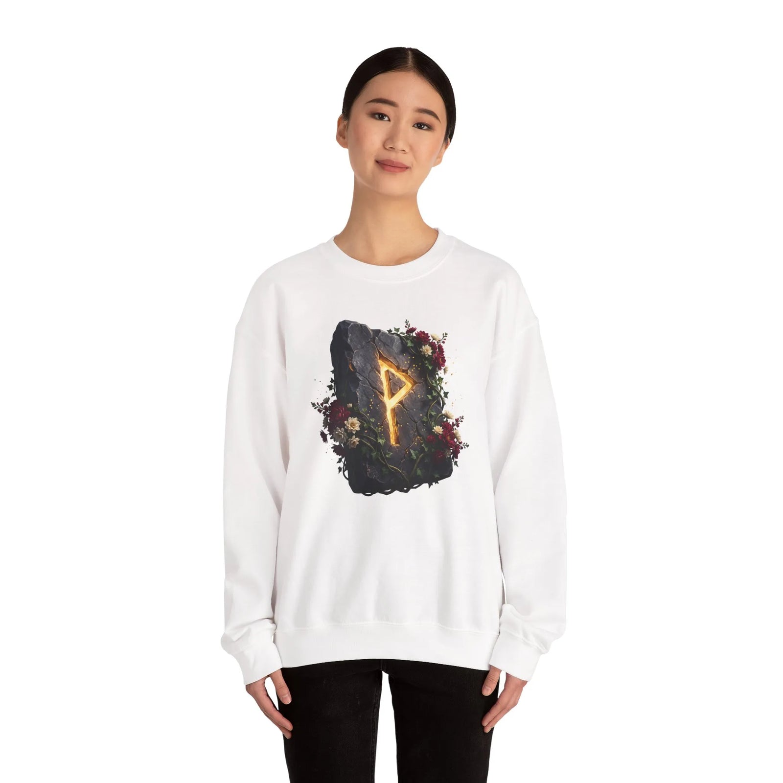 Wunjo Rune Blossom Sweatshirt - Heavy Blend Crewneck Fleece - Unisex Ash