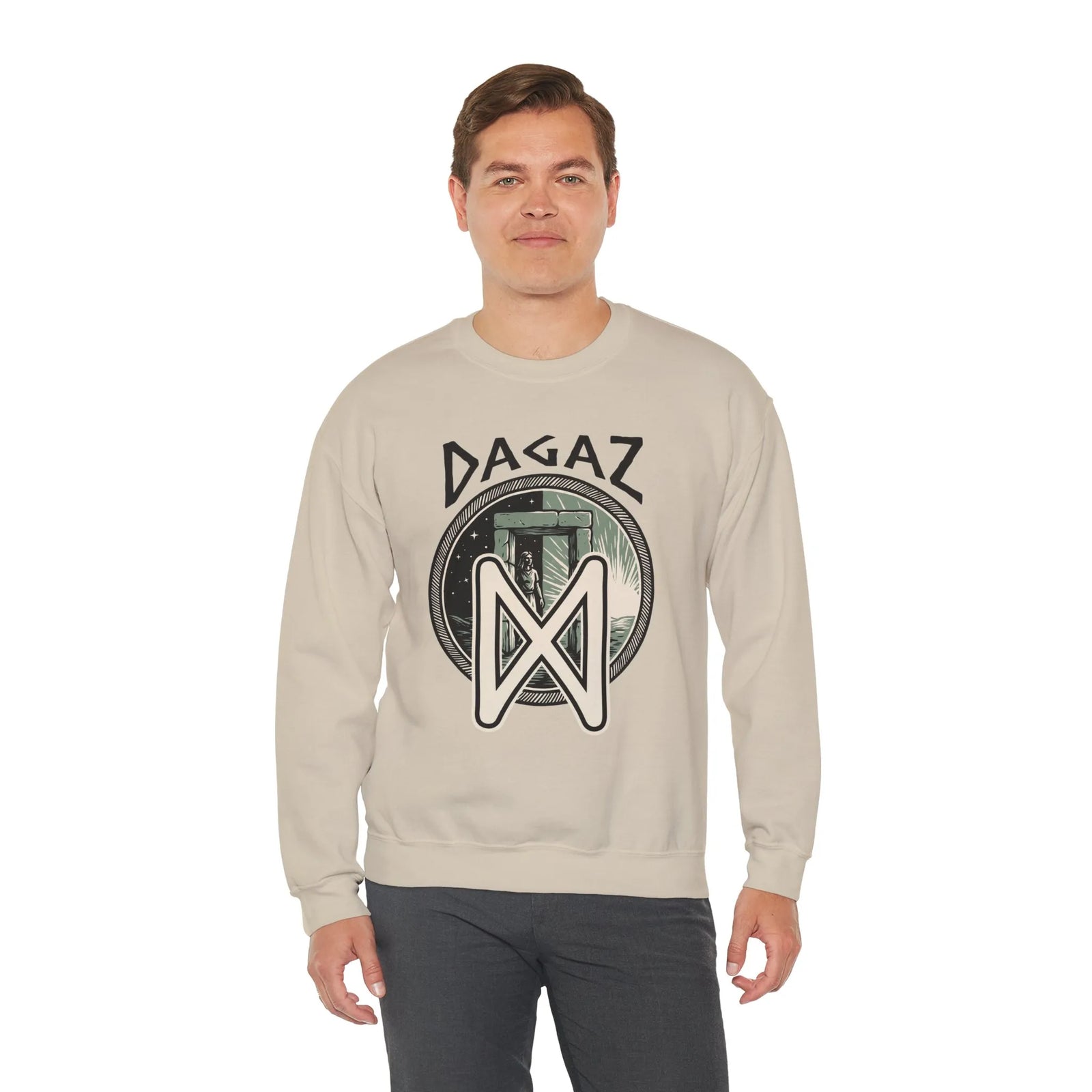 Dagaz Rune Dawn Dusk Graphic Sweatshirt - Heavyweight Cotton Poly Blend Crewneck - Unisex White