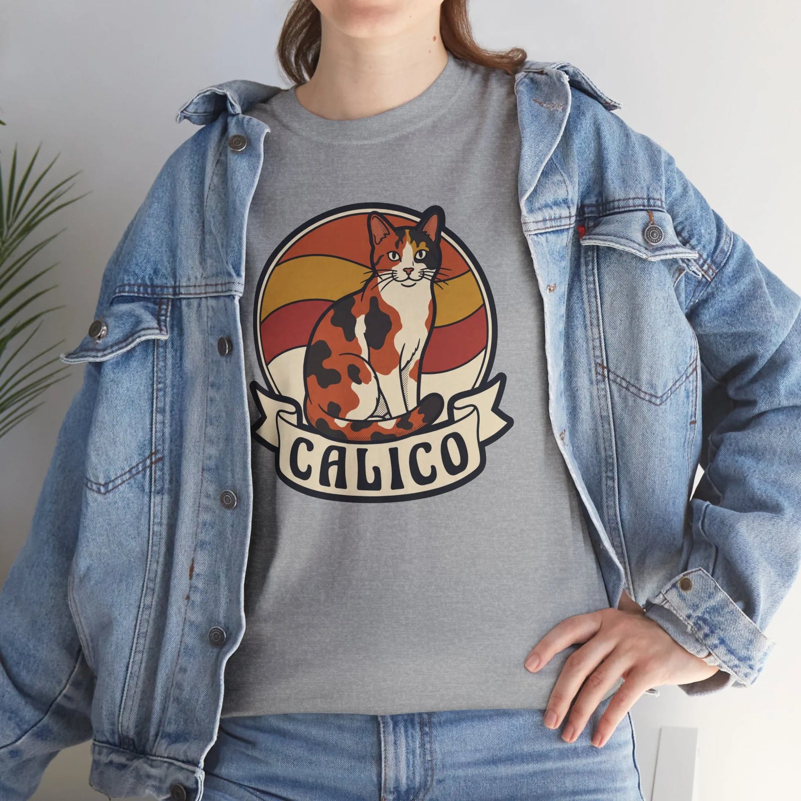 Calico Cat Retro Sunset Graphic T-Shirt - Heavyweight Classic Fit Tee - Unisex White