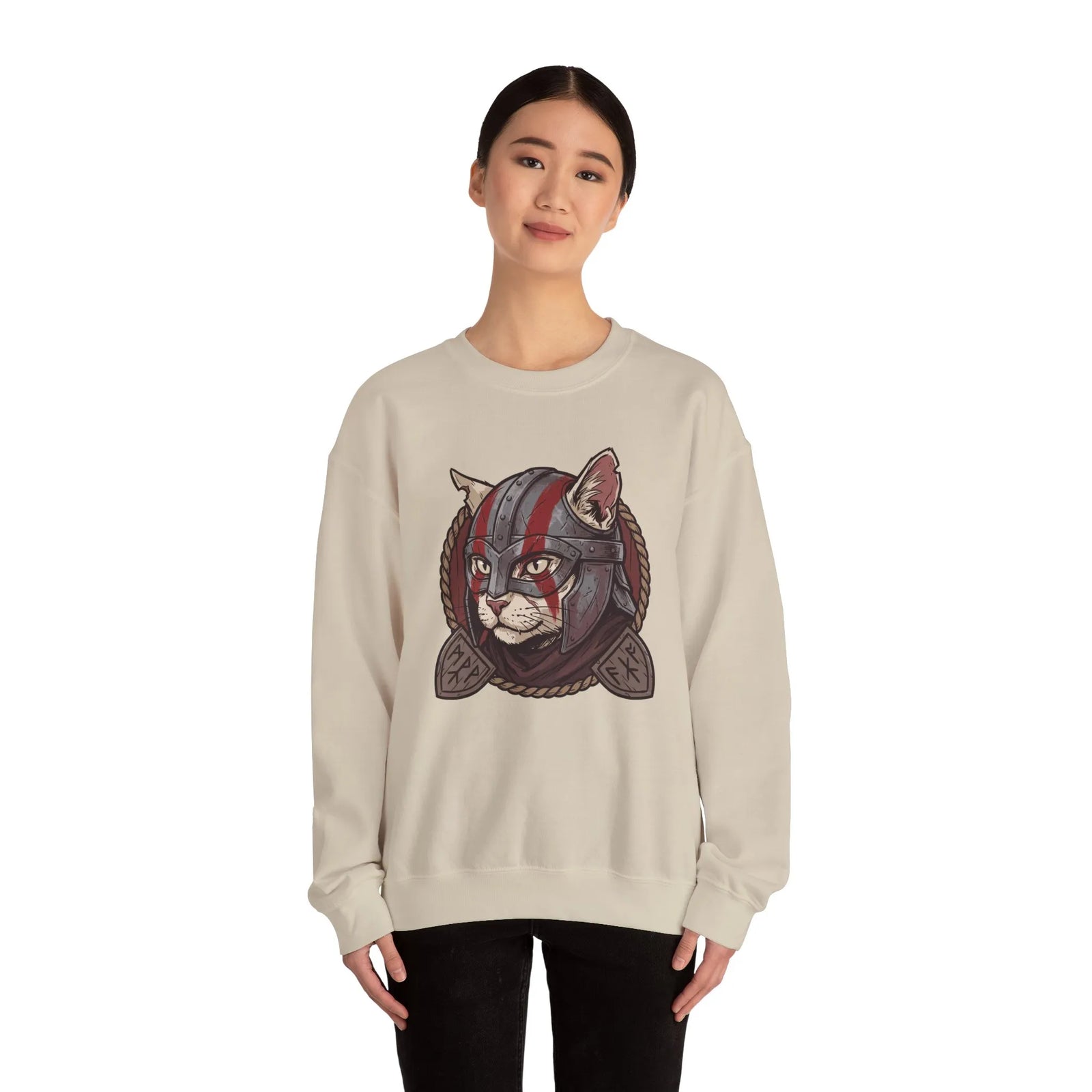 Viking Berserker Cat Graphic Sweatshirt - Heavy Blend Fleece Crewneck - Unisex White