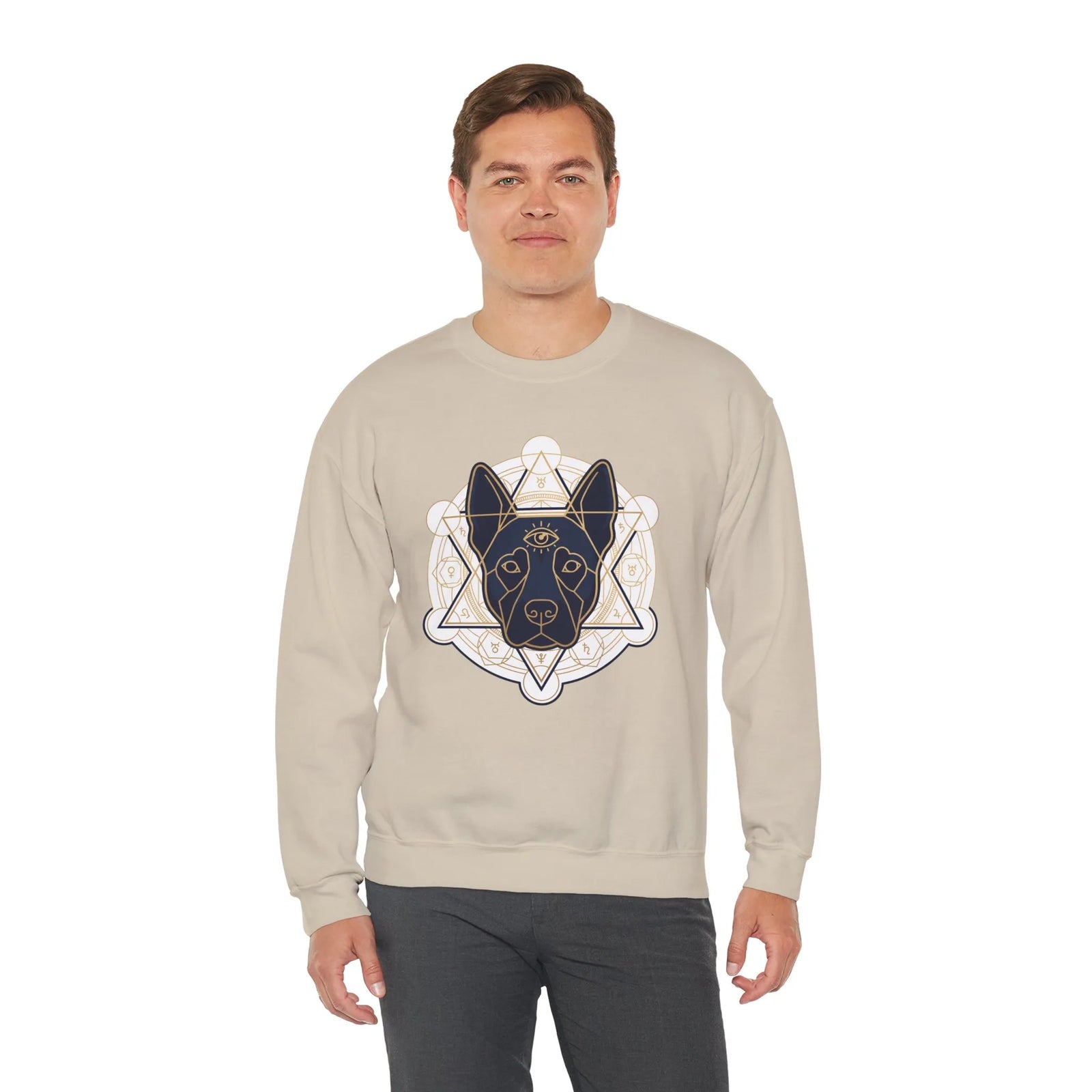 Third Eye Sacred Geometry Spirit Dog Sweatshirt - Heavy Blend Cotton Polyester Crewneck - Unisex White
