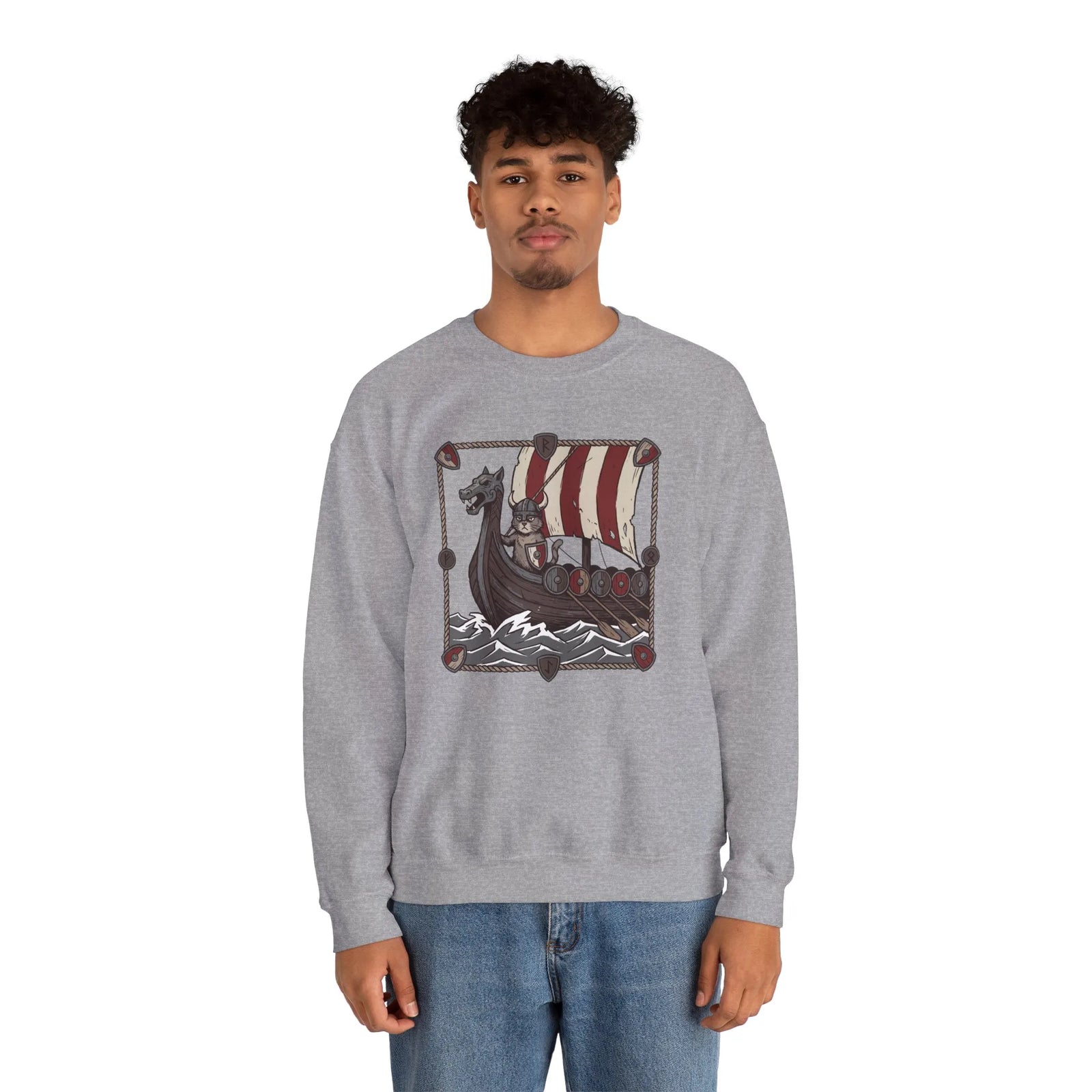 Longship Prow Viking Berserker Cats Sweatshirt - Heavyweight Cotton Blend Crewneck - Unisex White