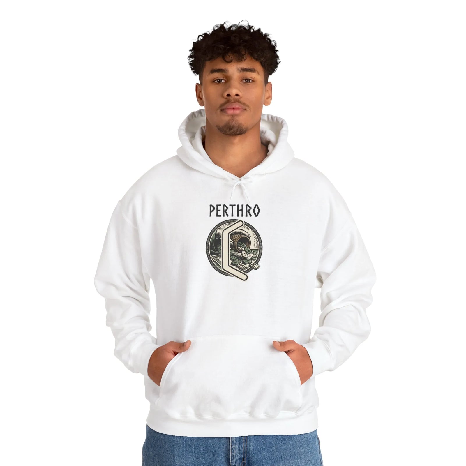 Perthro Rune Lot Cup Hoodie - Heavy Blend Fleece Pullover - Unisex White