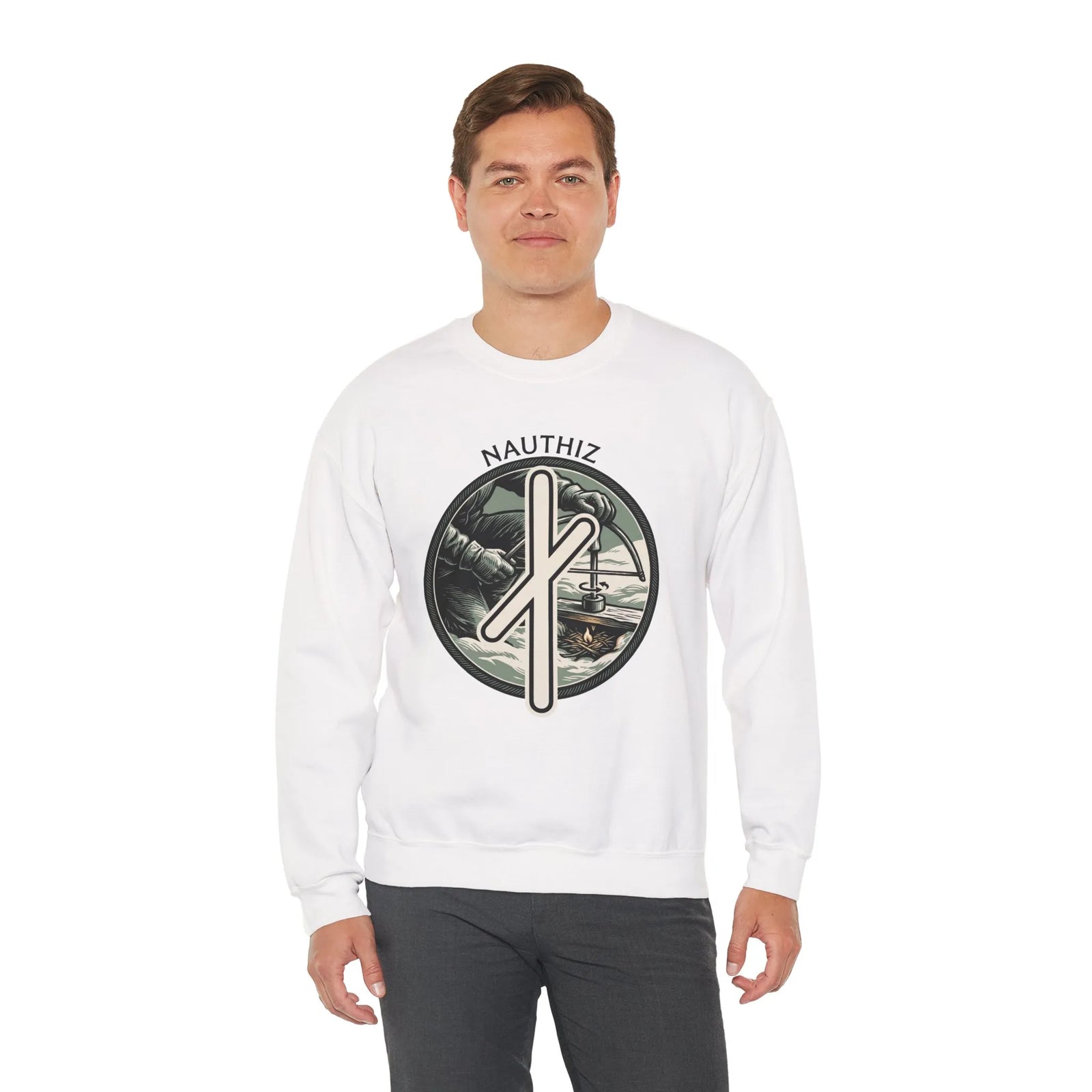 Nauthiz Rune Need-Fire Sweatshirt - Heavy Blend Fleece Crewneck - Unisex White