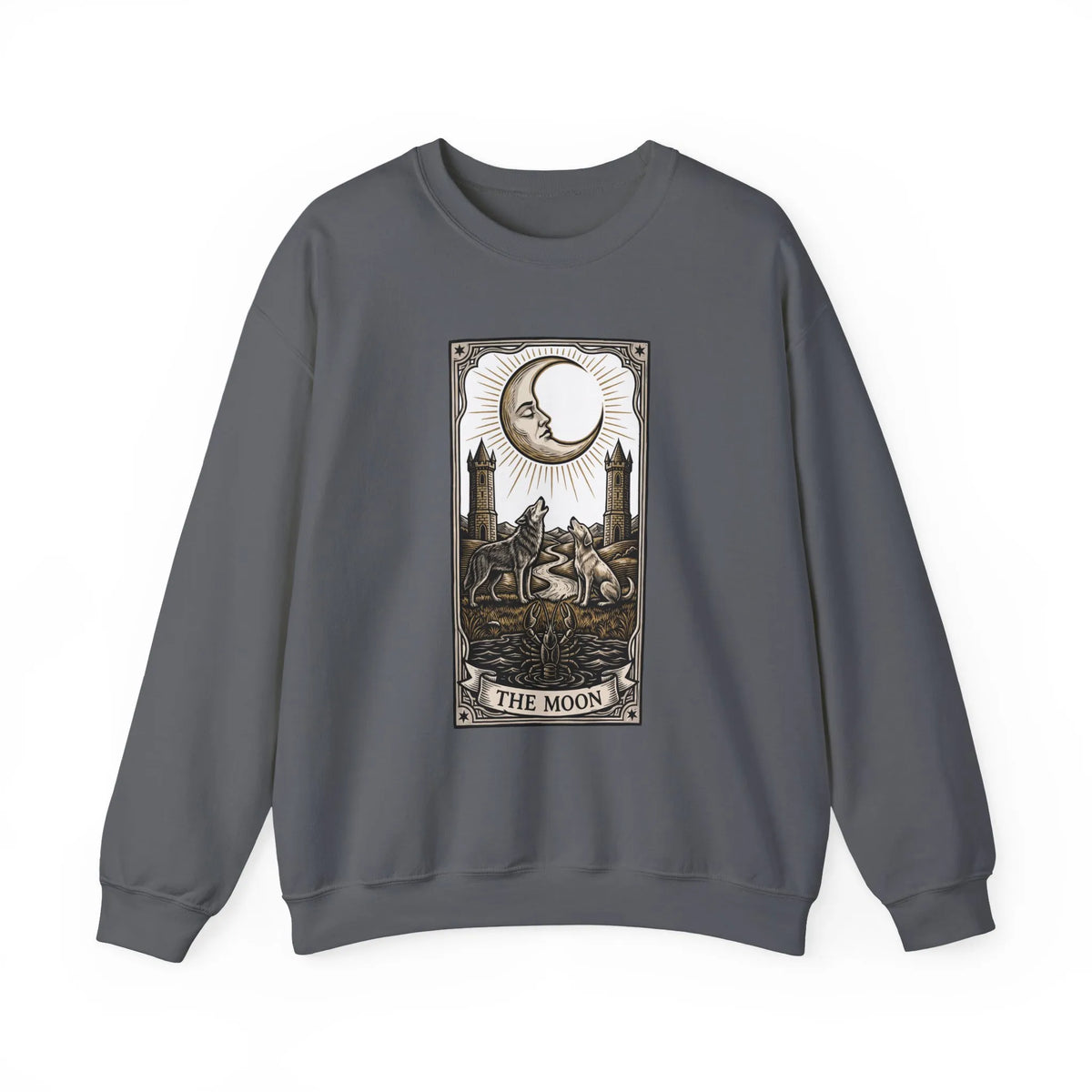 Moon Tarot Card Wolves Graphic Sweatshirt - Heavy Blend Fleece Crewneck - Unisex White