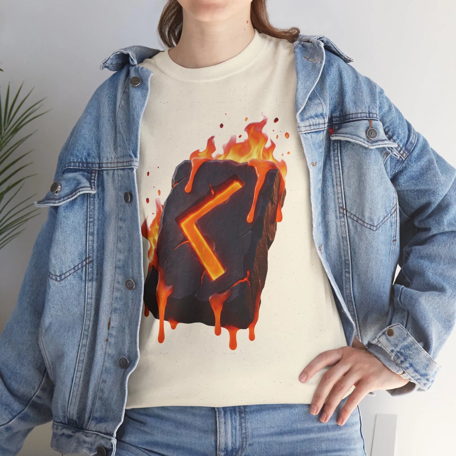 Kenaz Rune Torch Flame T-Shirt - Heavy Cotton Classic Fit Tee - Unisex White