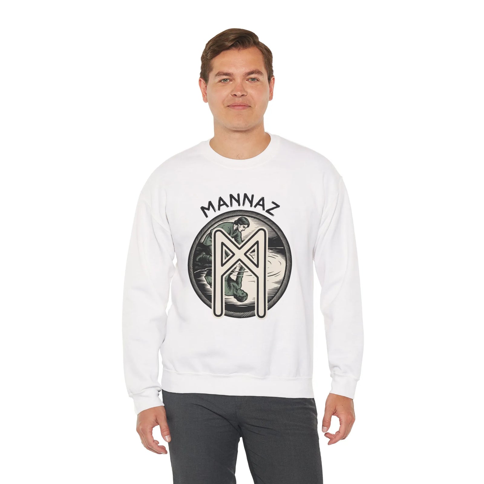Mannaz Humanity Rune Graphic Sweatshirt - Heavy Blend Fleece Crewneck - Unisex White