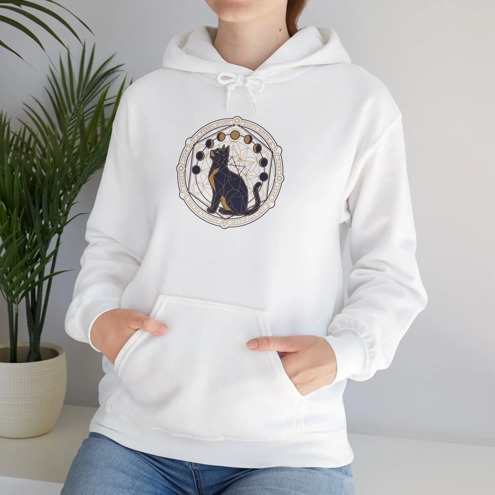 Moon Phases Sacred Geometry Cat Hoodie - Soft Fleece Pullover - Unisex White
