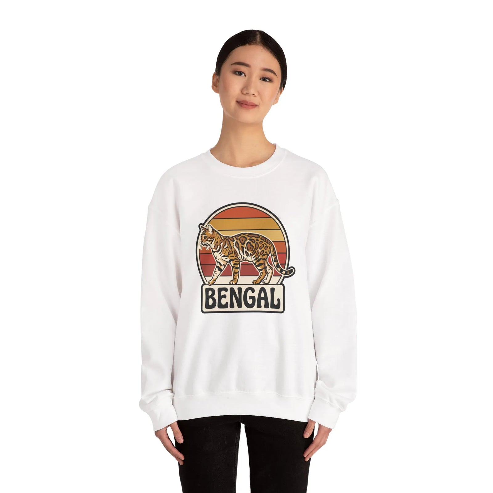 Bengal Cat Retro Sunset Sweatshirt - Classic Fit Heavy Blend Crewneck - Unisex White