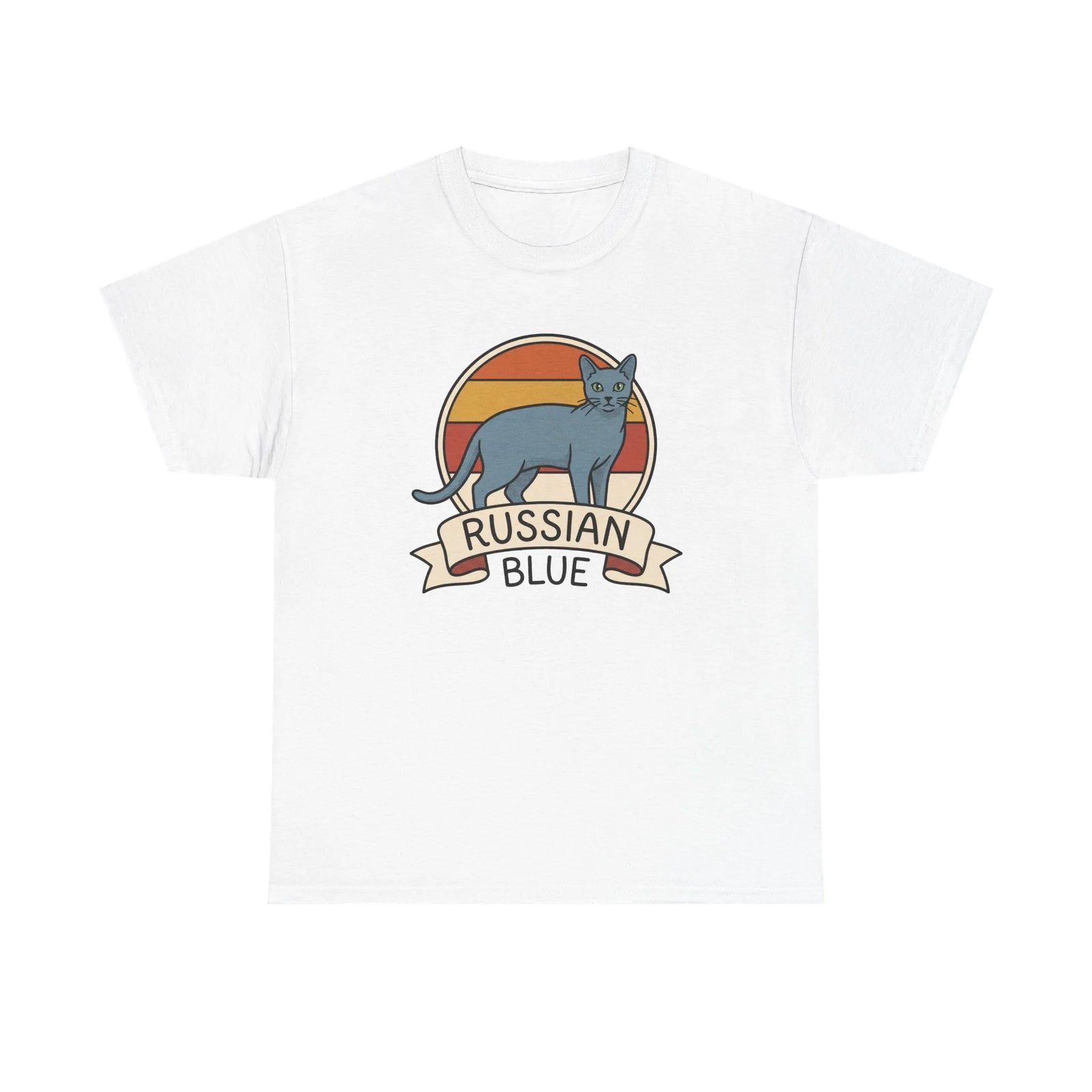 Russian Blue Retro 70s Sunset T-Shirt - Heavy Cotton Classic Fit Tee - Unisex White