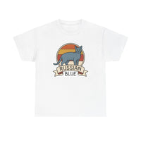 Russian Blue Retro 70s Sunset T-Shirt - Heavy Cotton Classic Fit Tee - Unisex White