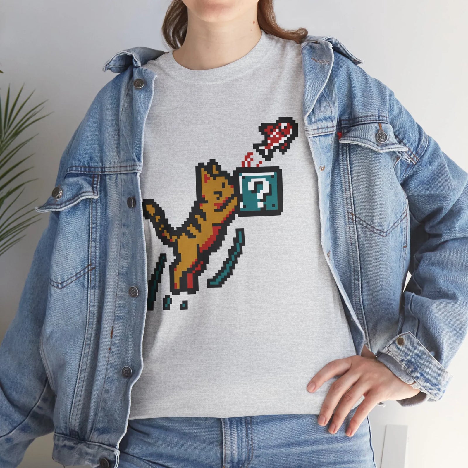 8-Bit Pixel Gaming Cats Graphic T-Shirt - Heavy Cotton Classic Fit Tee - Unisex White