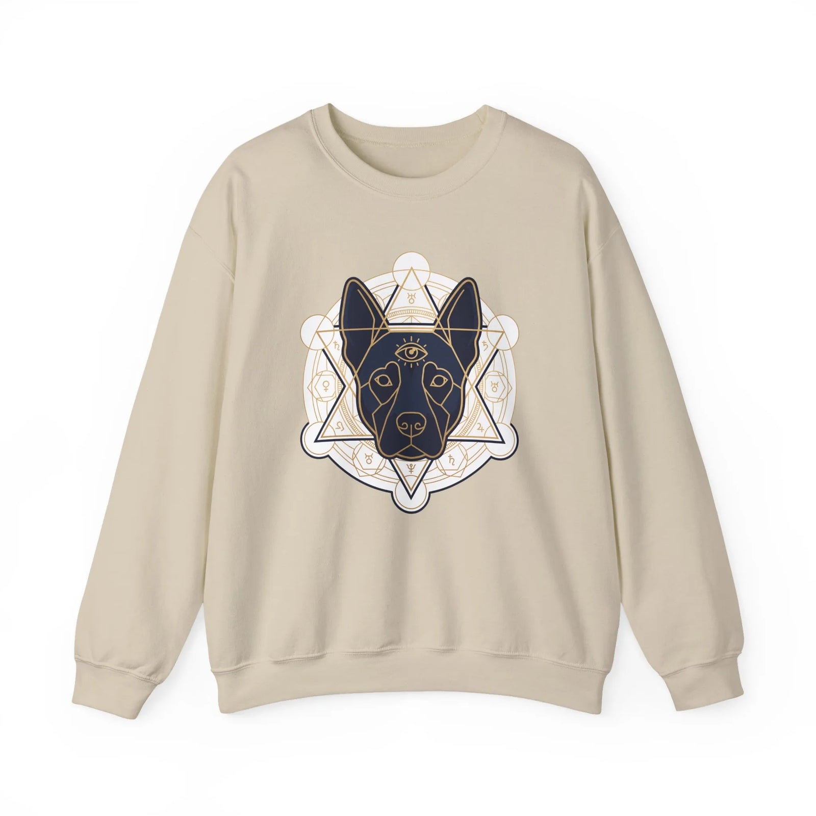 Third Eye Sacred Geometry Spirit Dog Sweatshirt - Heavy Blend Cotton Polyester Crewneck - Unisex White