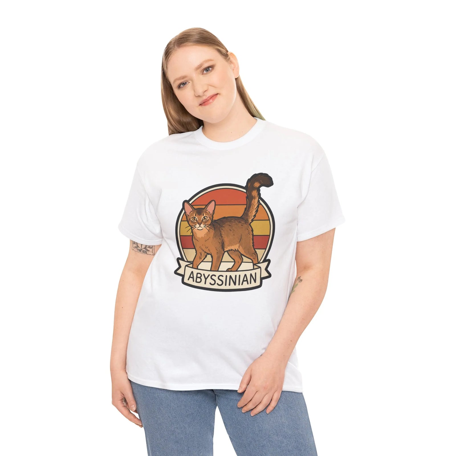 Abyssinian Retro 70s Sunset Cat T-Shirt - Heavy Cotton Classic Fit Tee - Unisex White