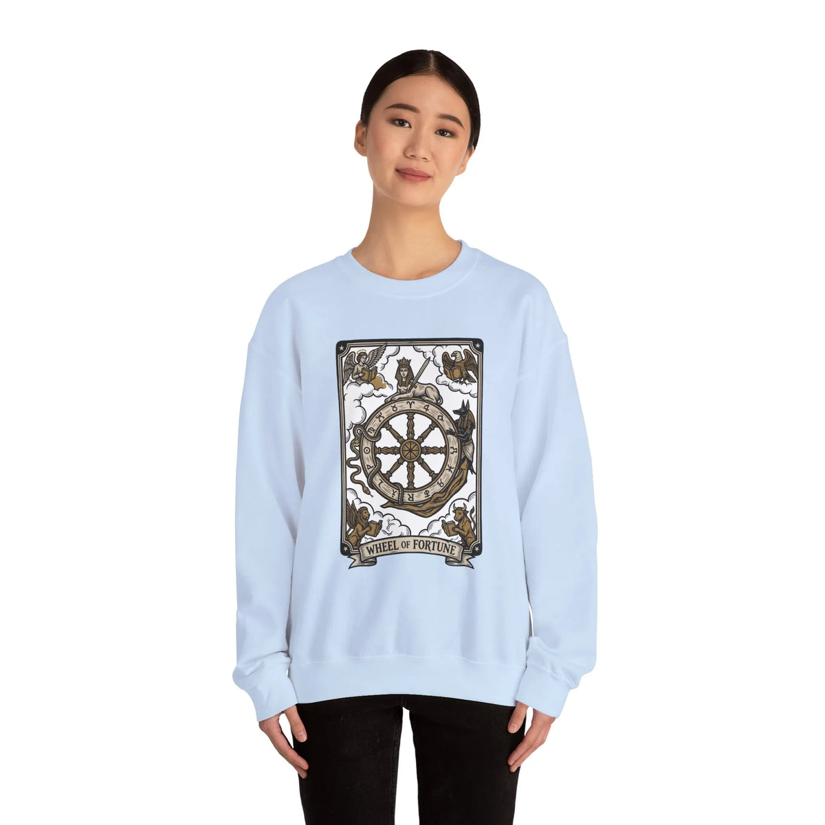 Wheel of Fortune Tarot Card Sweatshirt - Heavy Blend Crewneck Fleece - Unisex White