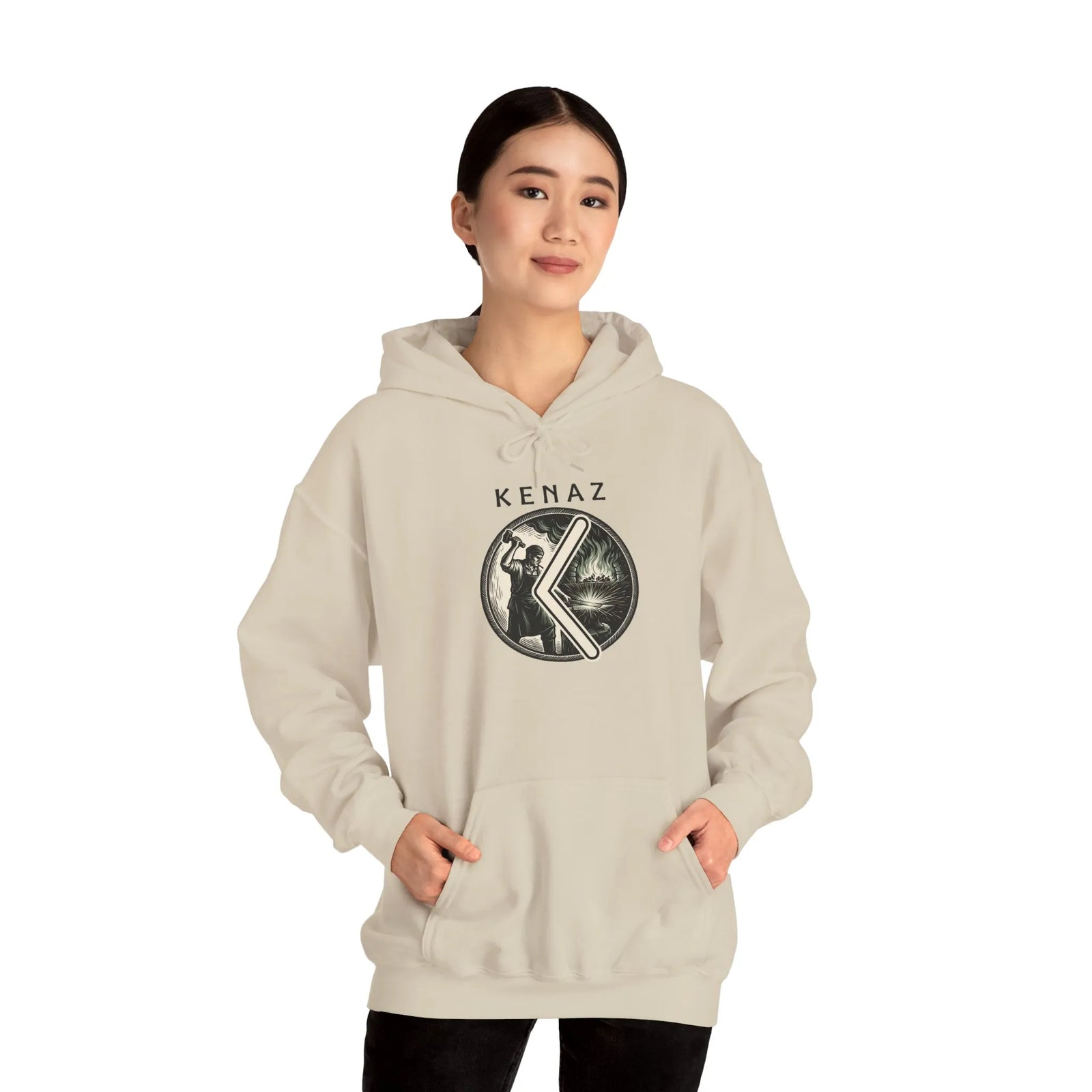 Kenaz Rune Forge Blacksmith Hoodie - Heavy Blend Fleece Pullover - Unisex Off White