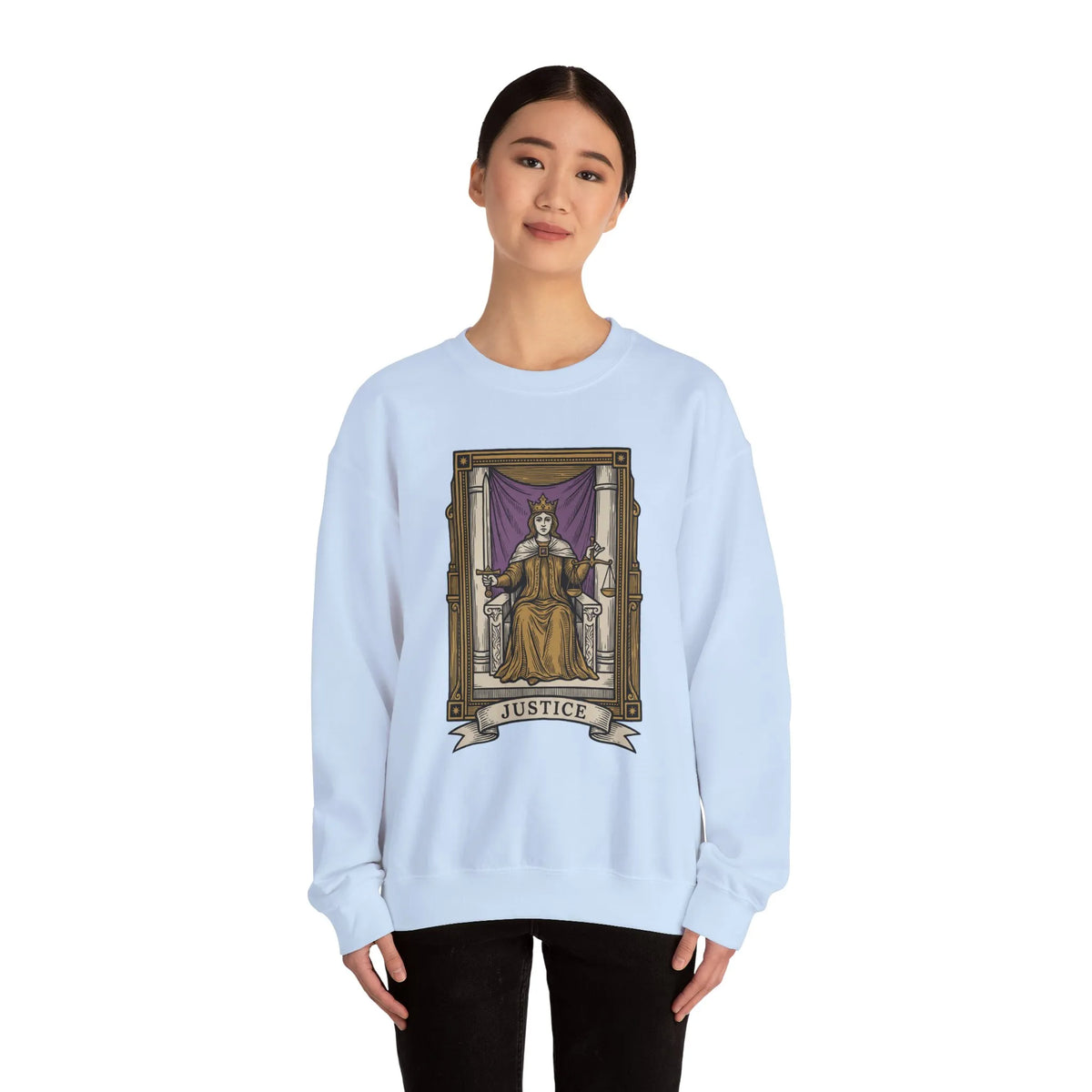 Justice Tarot Card Sweatshirt - Heavy Blend Cotton Poly Crewneck - Unisex White